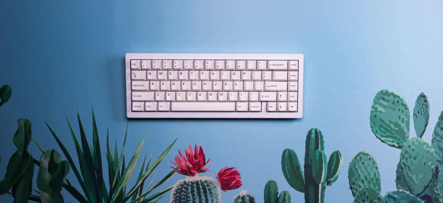 Blue desk mat with cactus and succulent print, keyboard centered above the artwork
