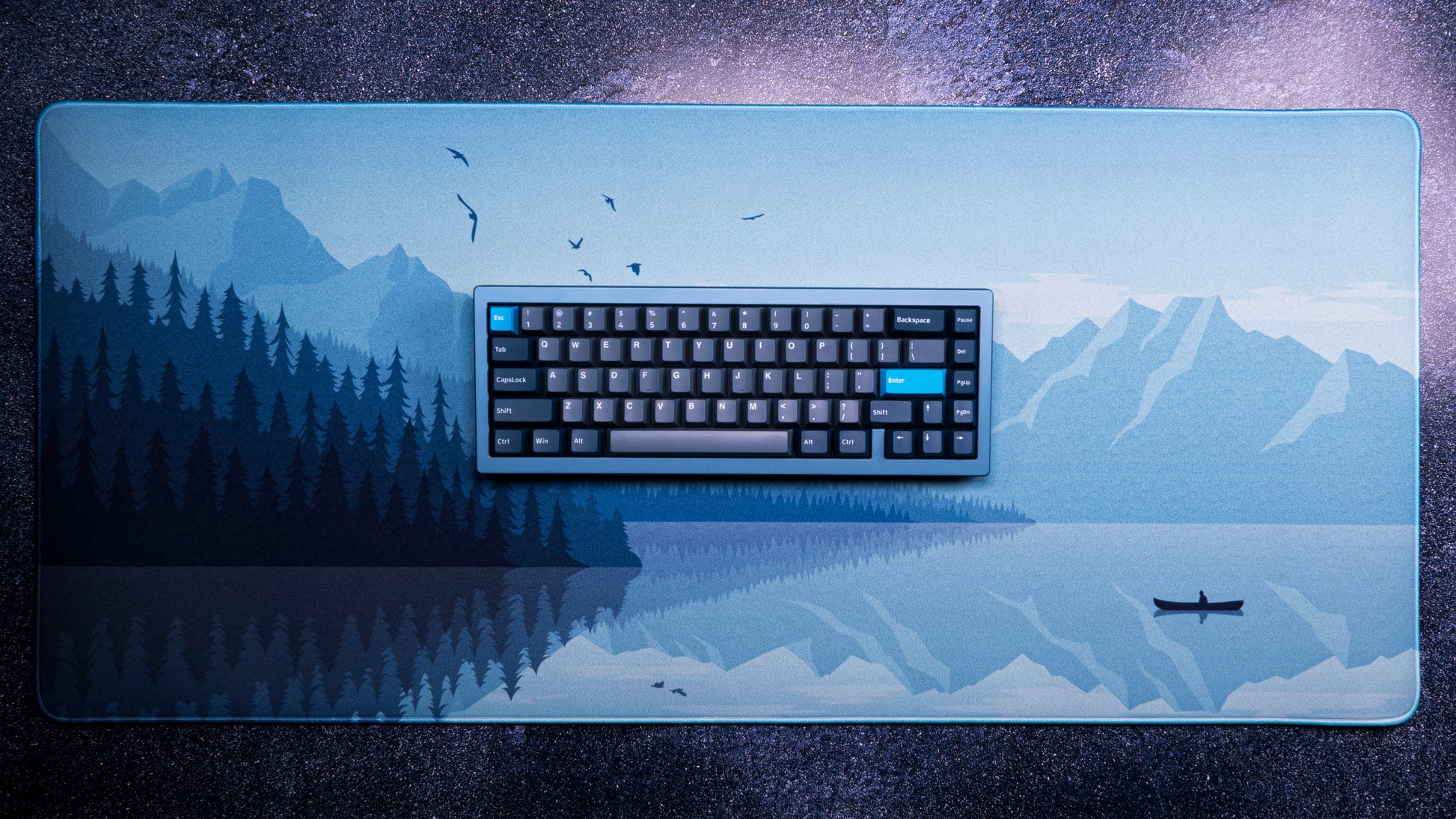 Alberta V2 desk mat with light sky landscape print and keyboard centered