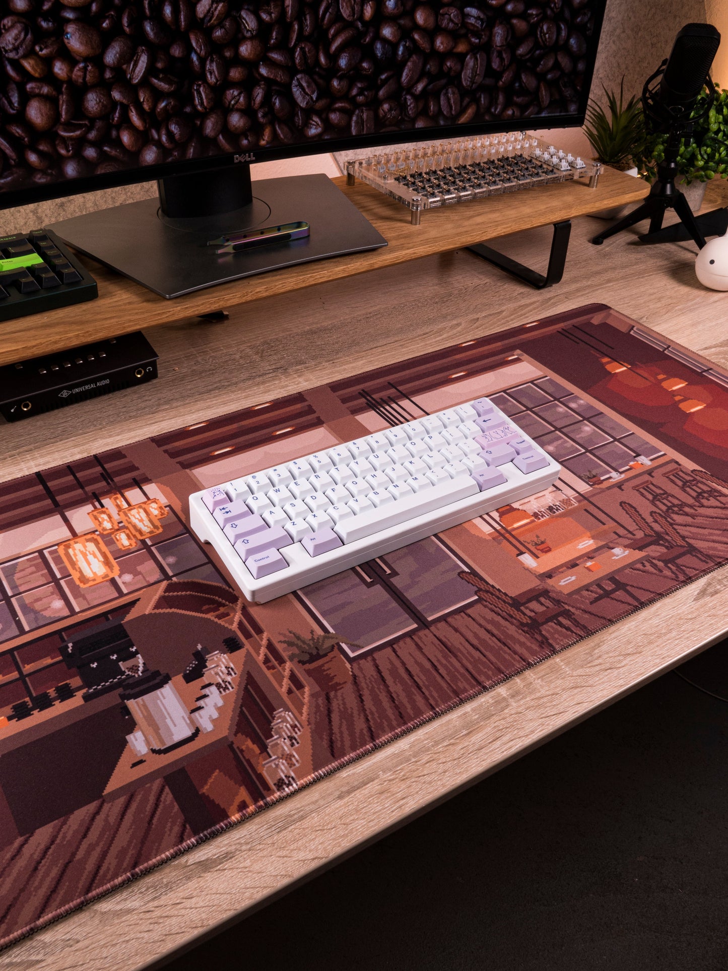 Rectangular desk mat showing coffee shop scene with keyboard centered