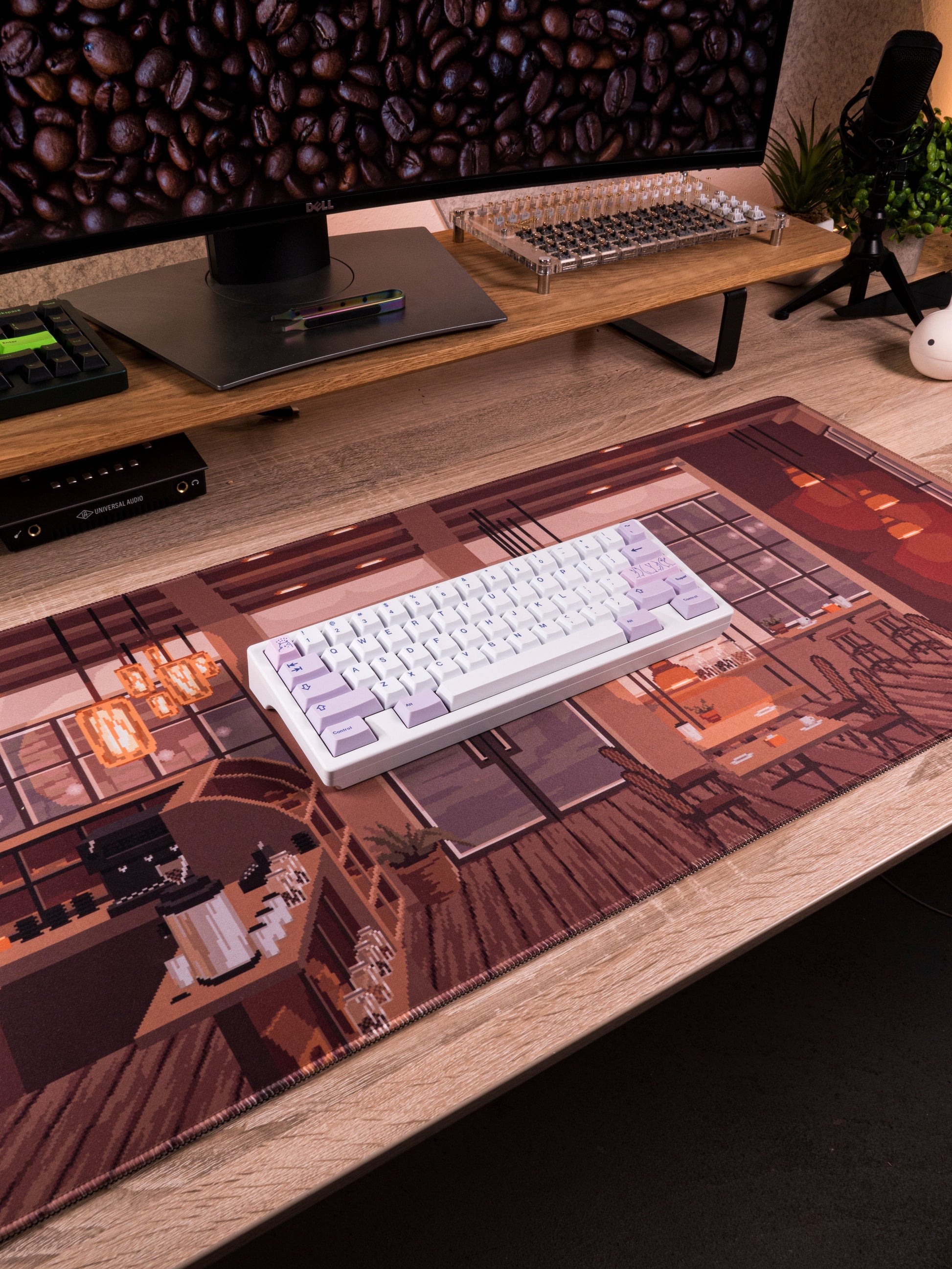 Rectangular desk mat showing coffee shop scene with keyboard centered