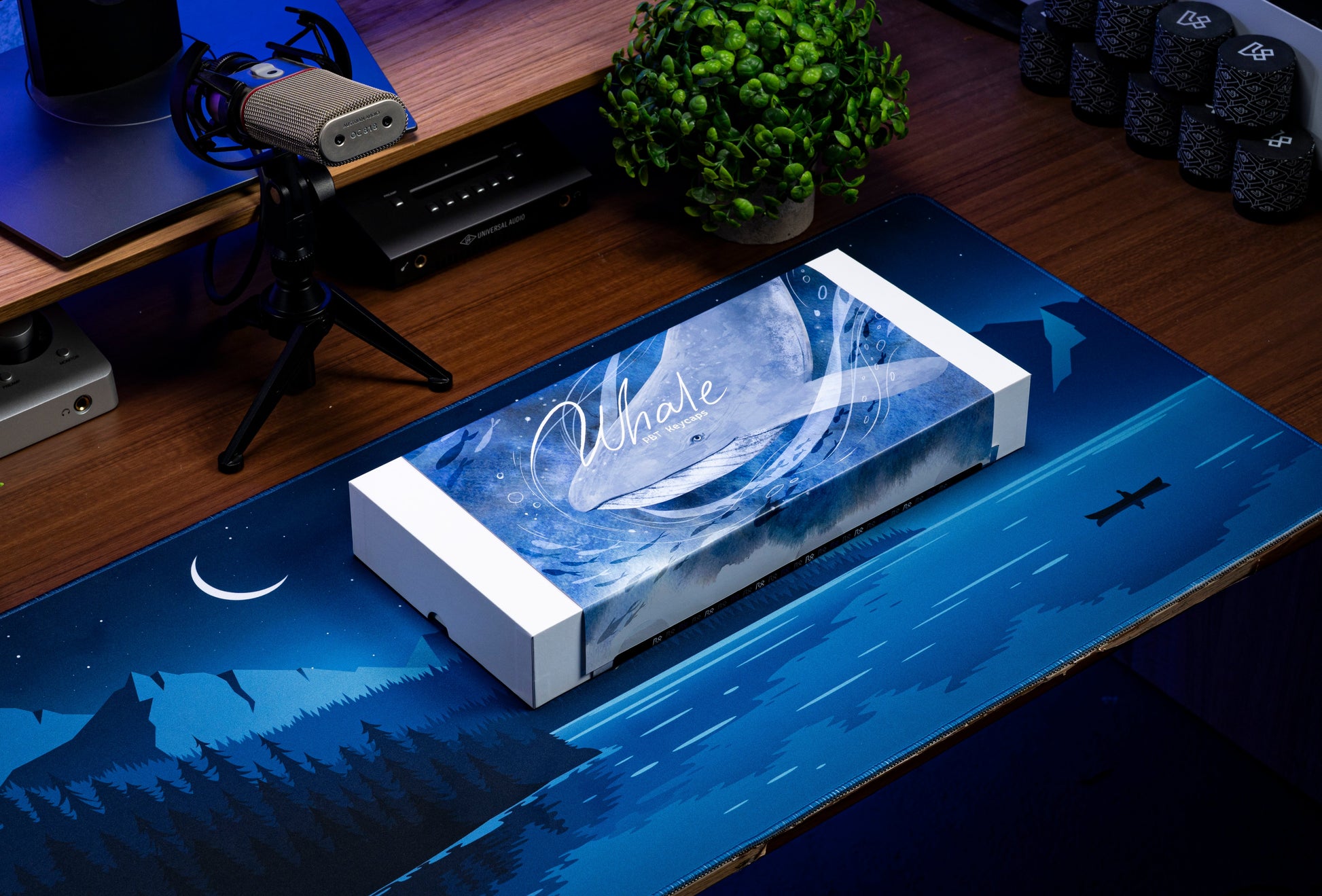Blue whale-themed keycap box with keyboard keycaps beneath, on desk