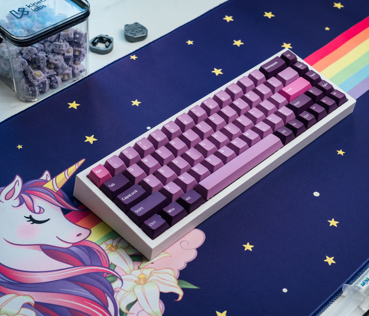 Rainbow unicorn desk mat, navy blue with gold stars and rainbow stripe