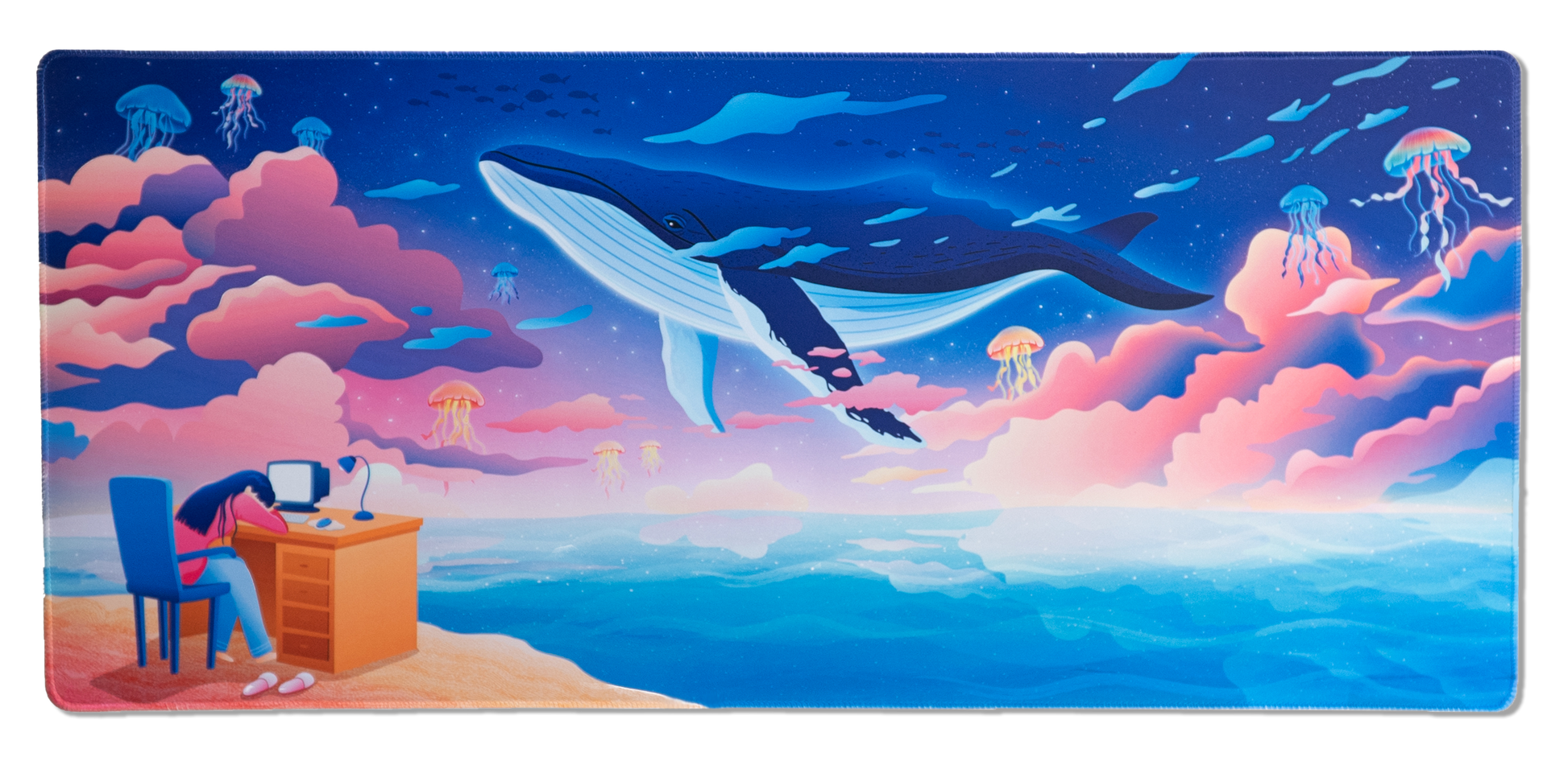 Seaside desk mat with whale silhouette, jellyfish, and pastel cloudscape colors