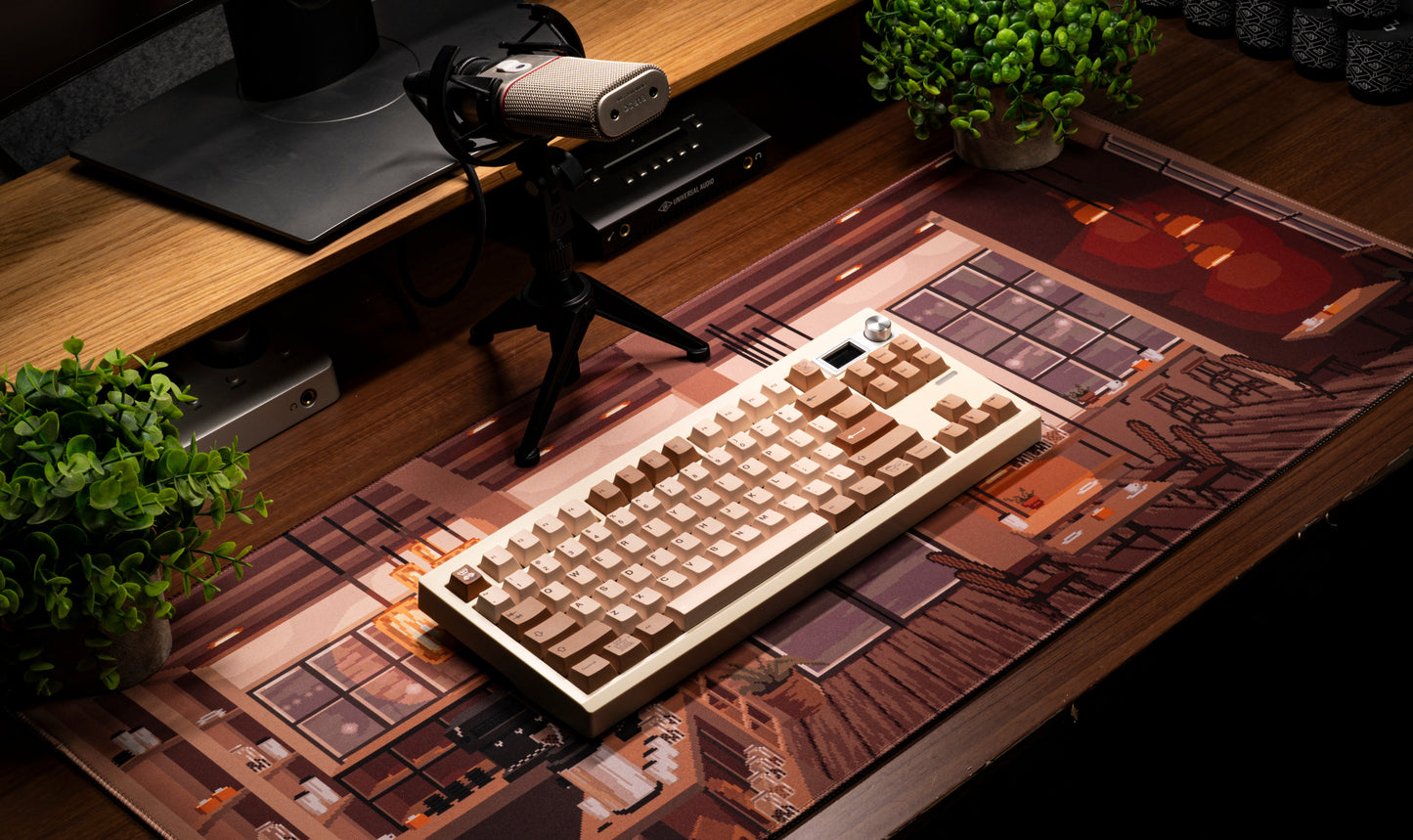 Coffee-themed PBT keycaps on a full keyboard with beige and brown themed legends