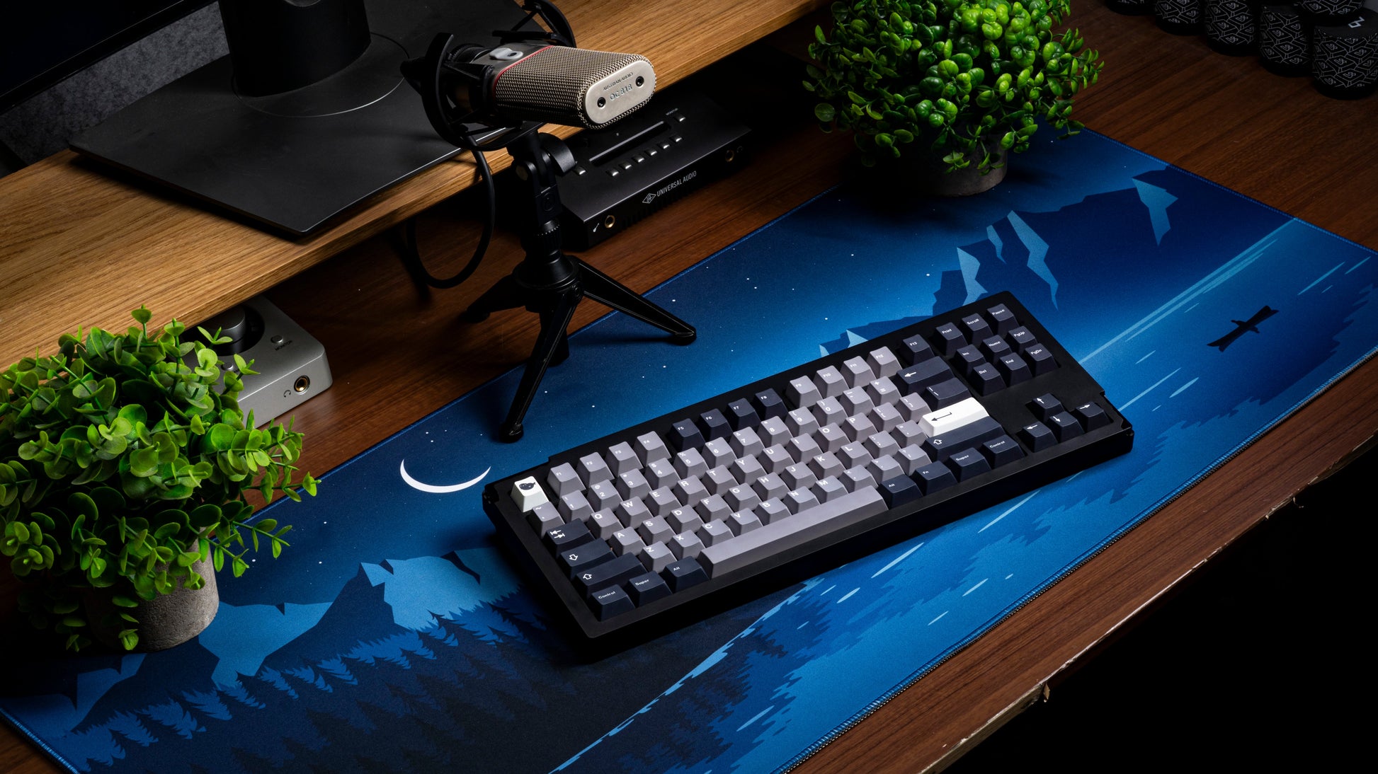 Keyboard with Seal-themed keycap set: dark keys and light gray legends