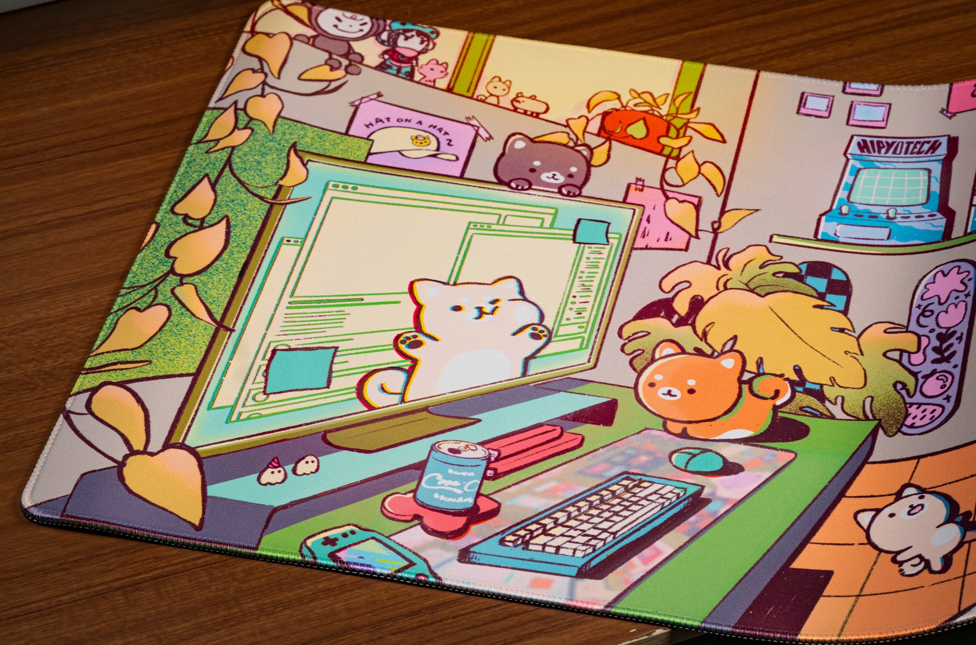 Cartoon desk mat corner with cute animals, computers, and office items illustrated