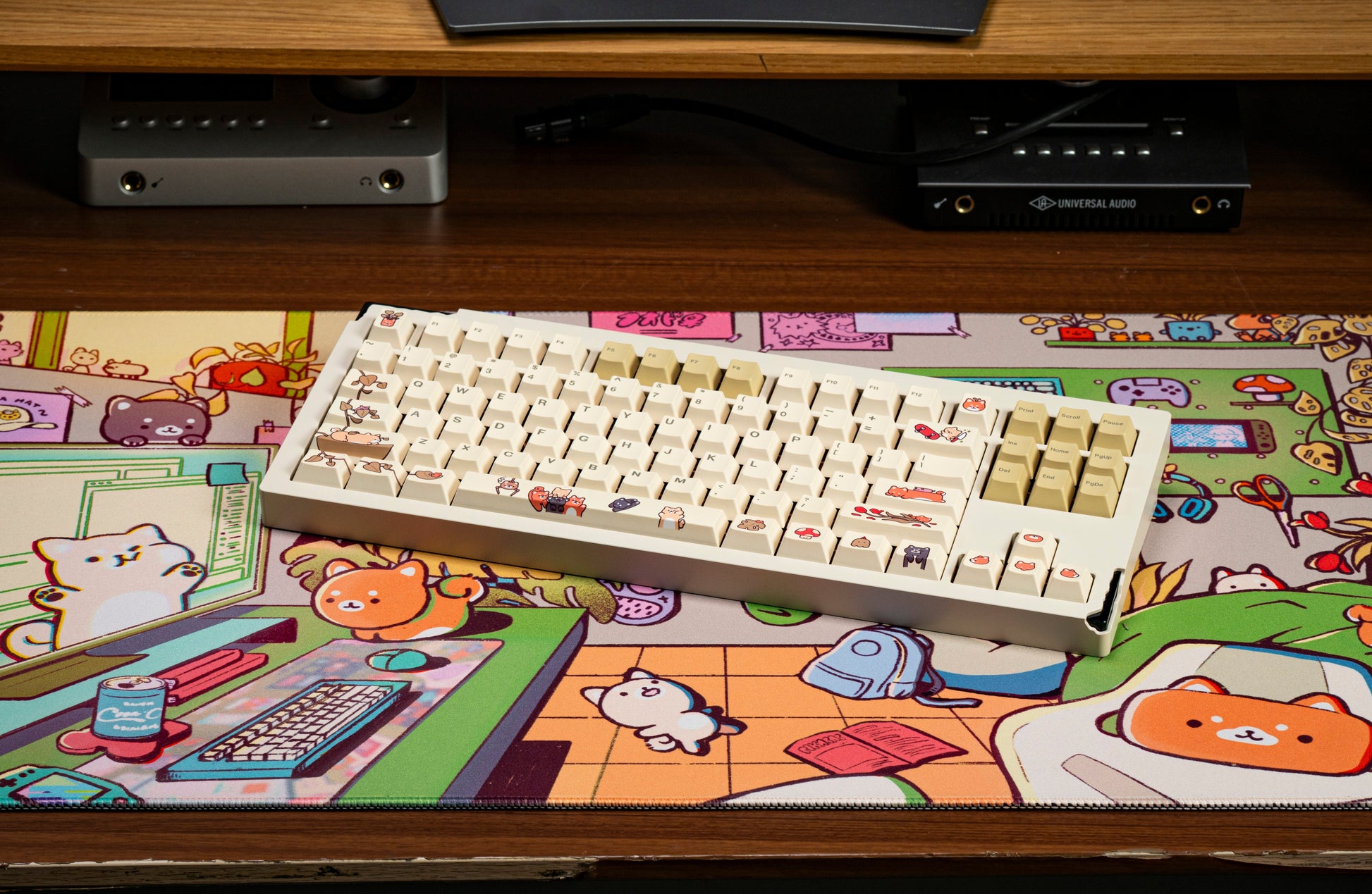 Keyboard keycap set with cream beige caps featuring cartoon character graphic legends