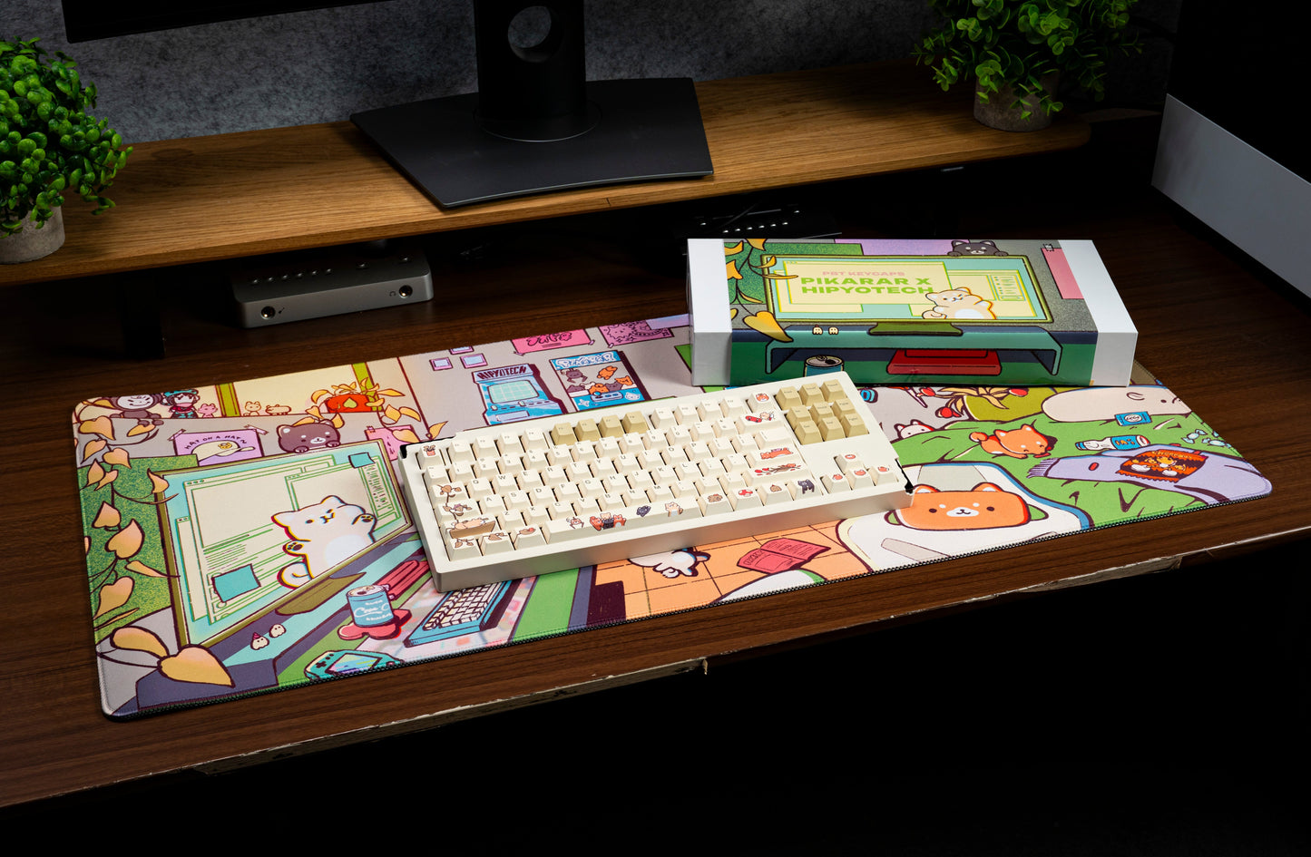 PBT keycap set on desk mat, cream and beige keys with colorful cartoon prints