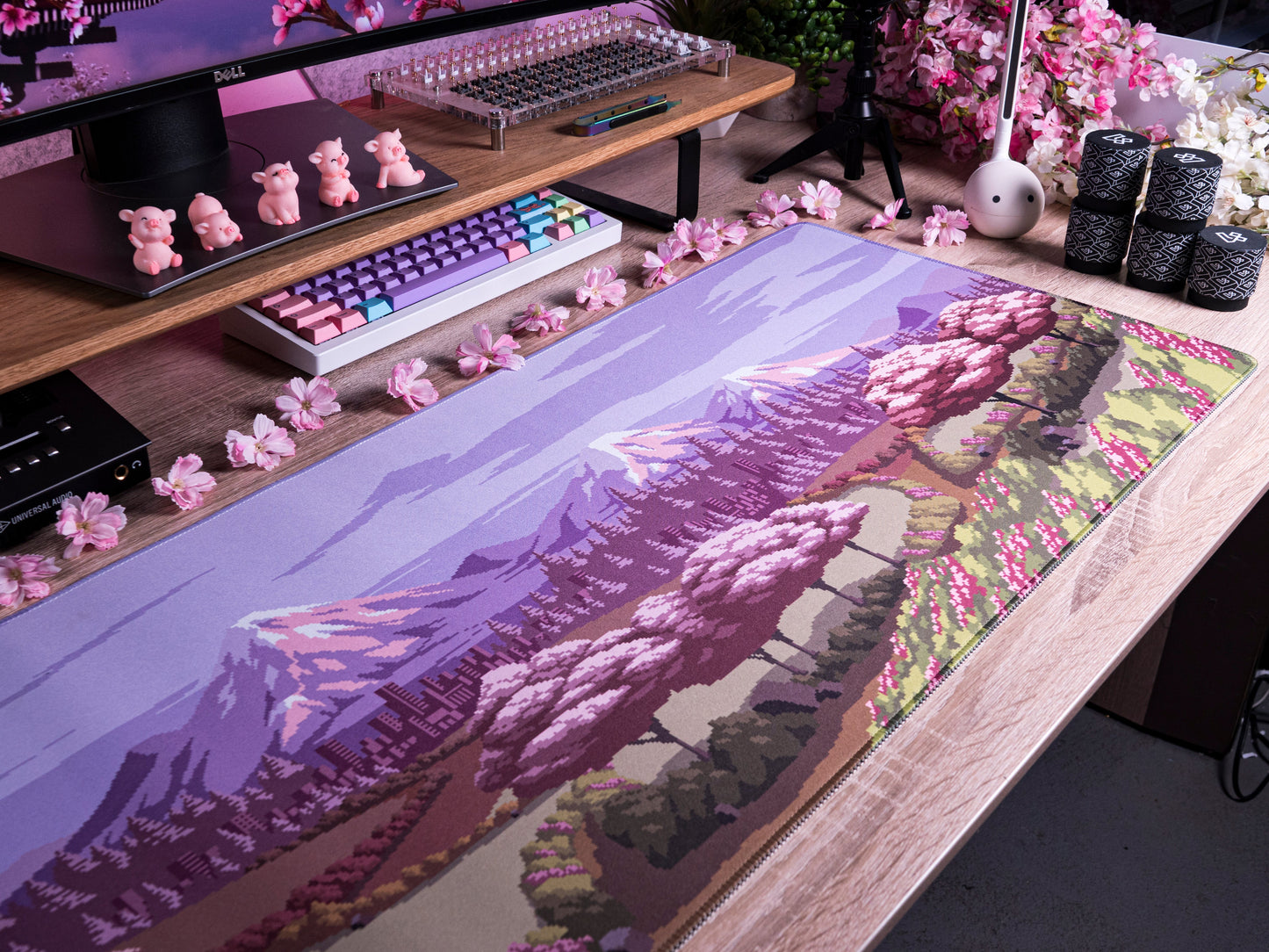 Spring Time desk mat with mountain valley scene and bright pink flower canopy