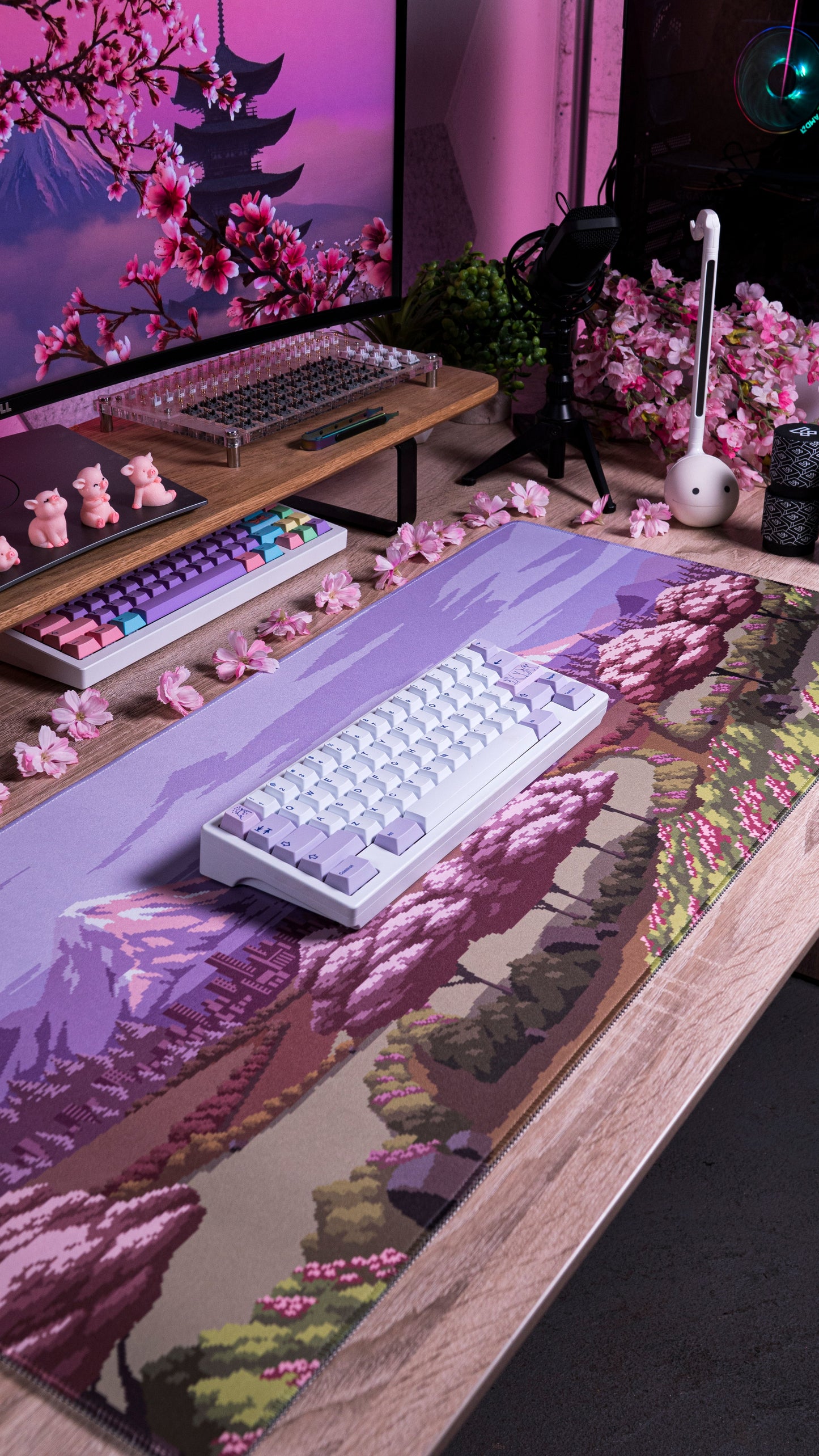 Spring Time desk mat with colorful pixel art landscape, blooming trees, and mountains