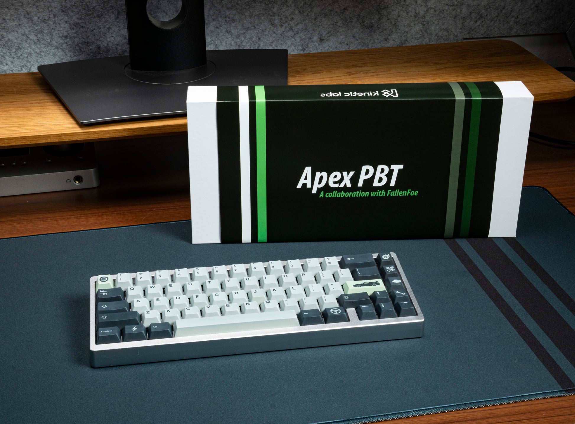 Keycap set box and keyboard with light gray and dark sculpted keys