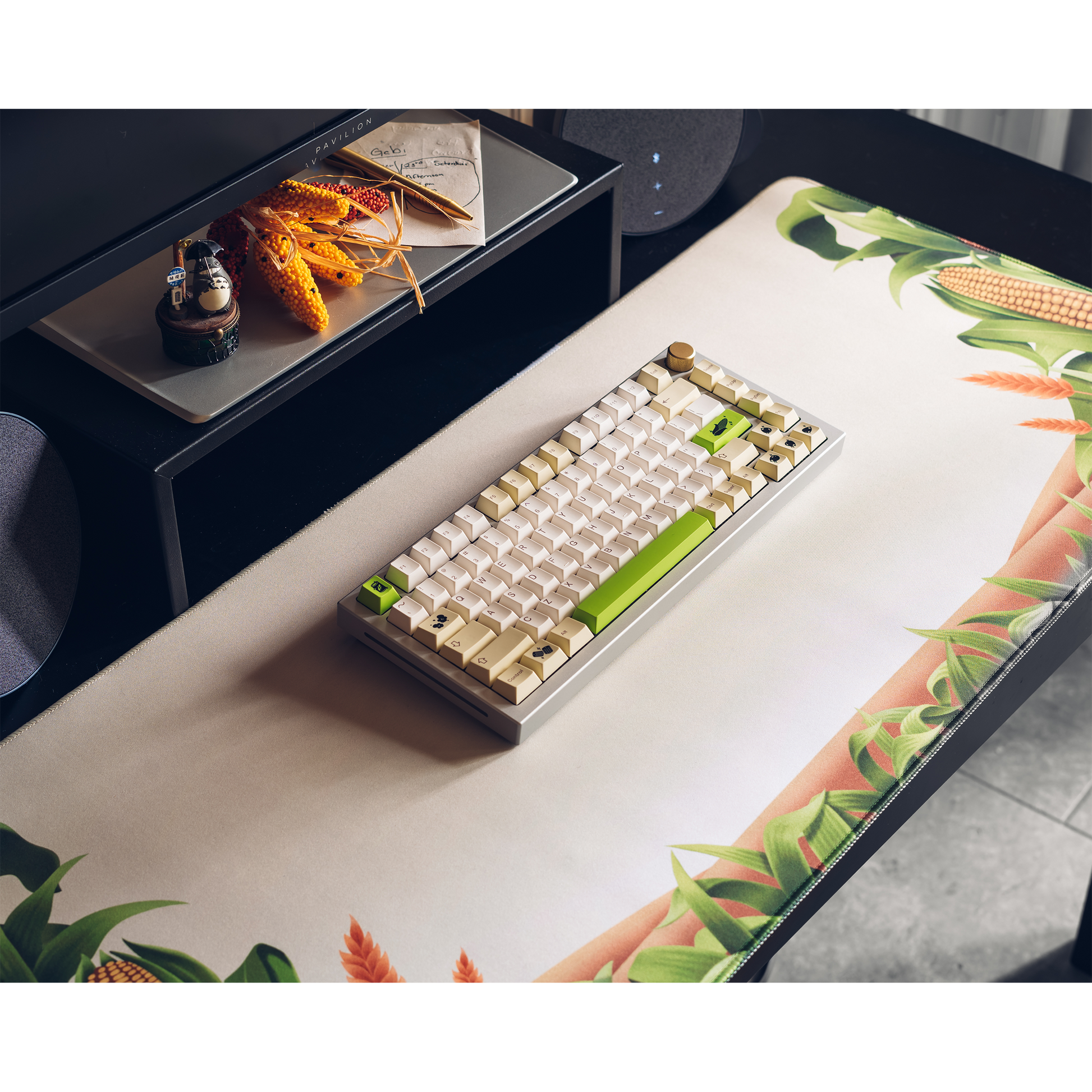 Rectangular desk mat with tropical corn and leaf print, cream background