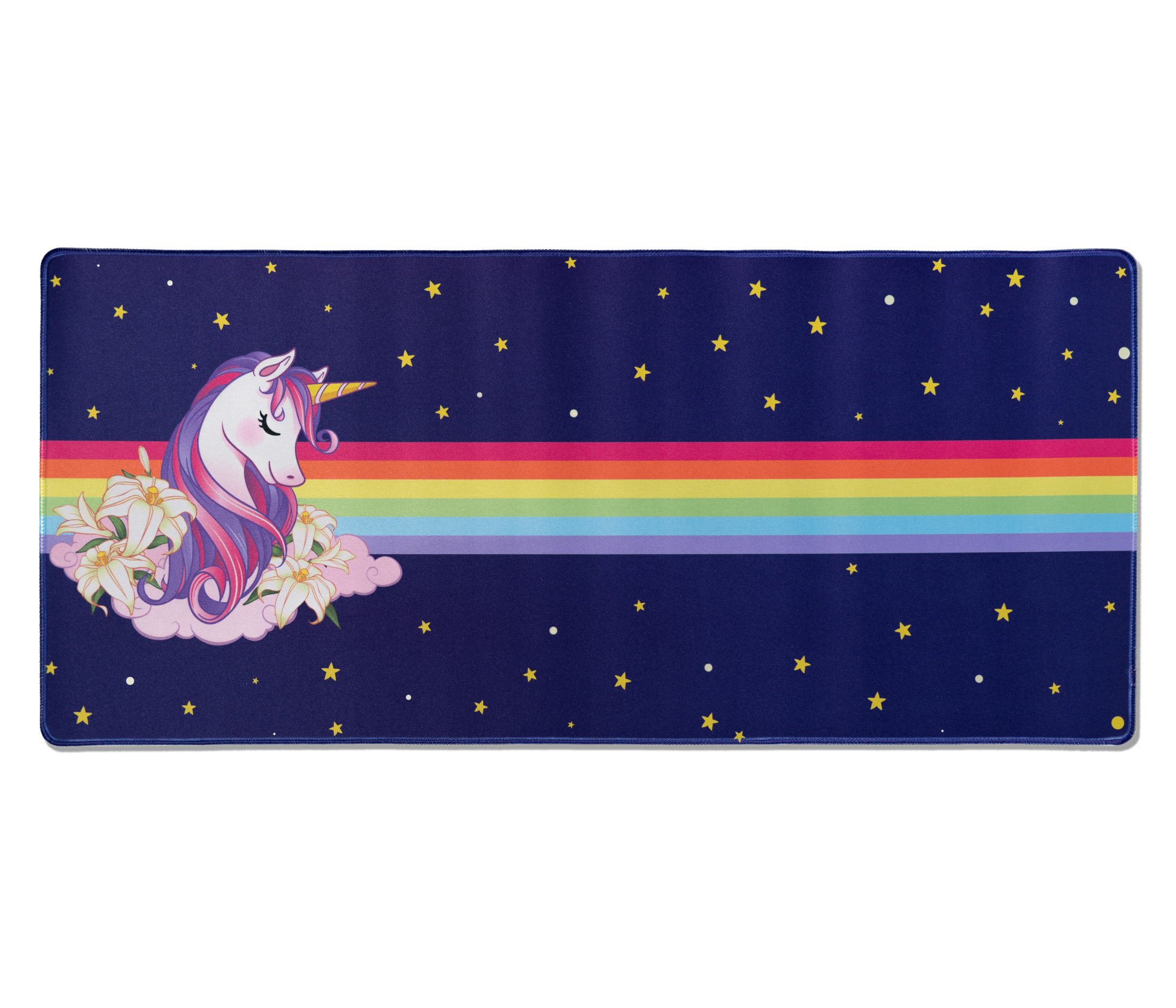 Unicorn desk mat, navy blue rectangle with rainbow stripe, gold stars, and stitched edges