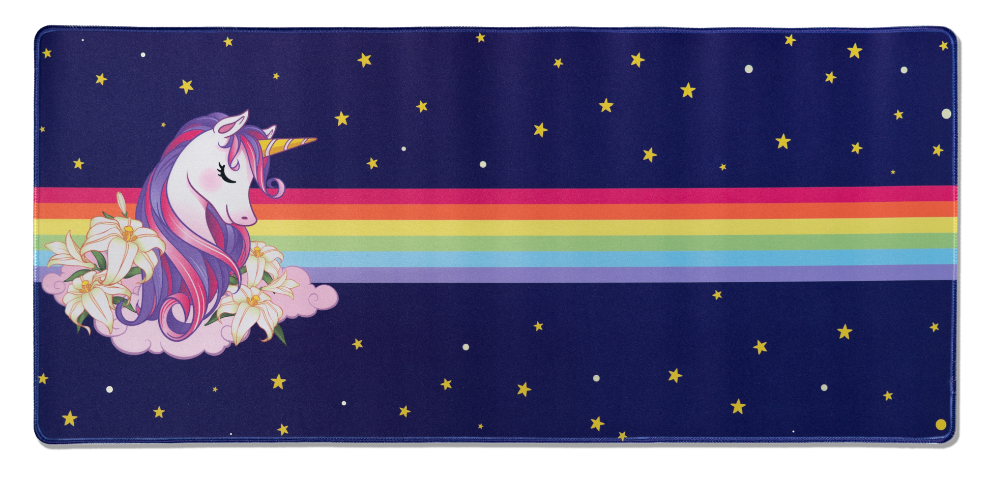 Unicorn desk mat with navy blue fabric, rainbow stripe, and scattered gold and white stars