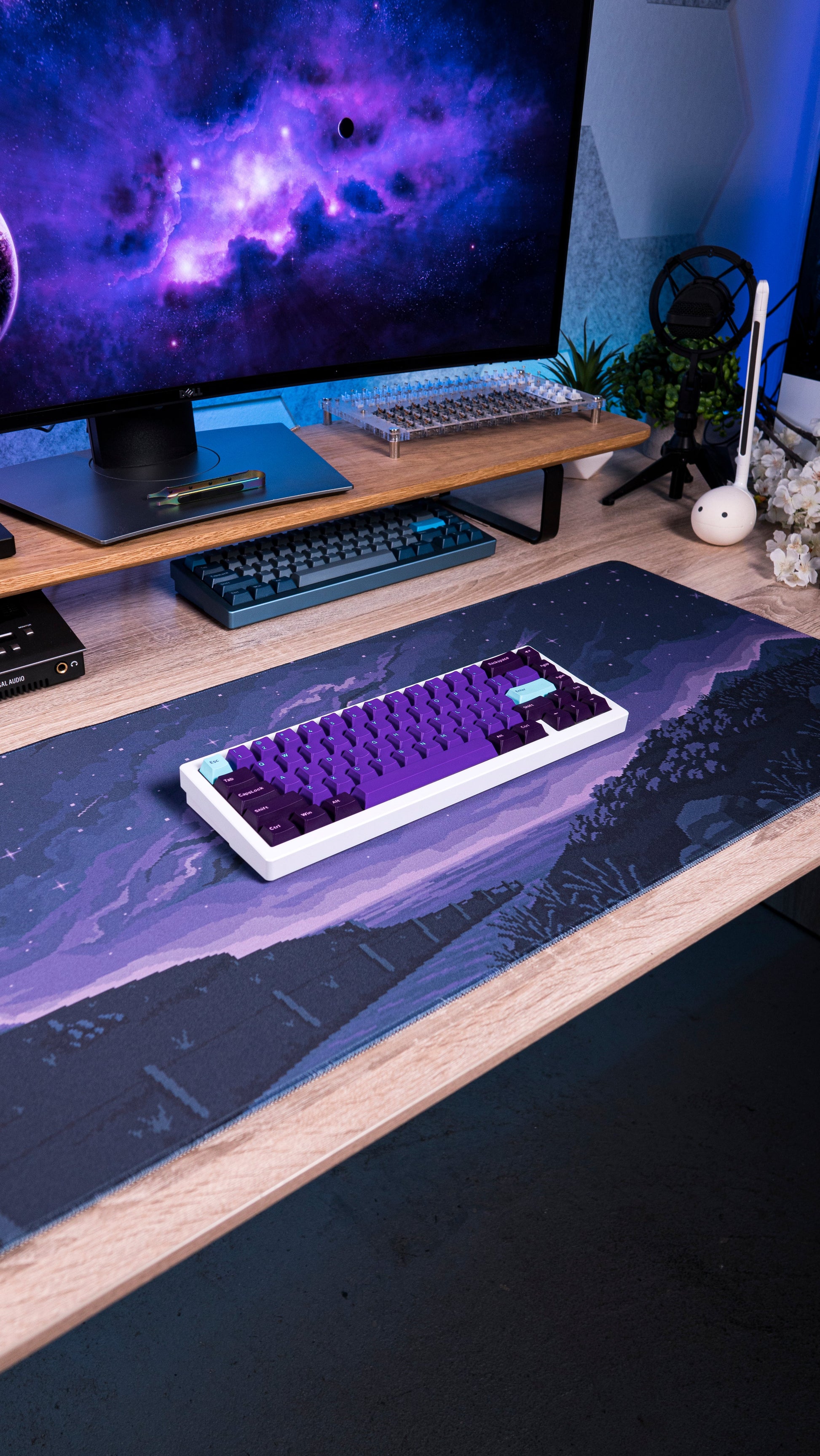 Galaxy PBT keycaps on white keyboard with purple keys and light-blue Esc key