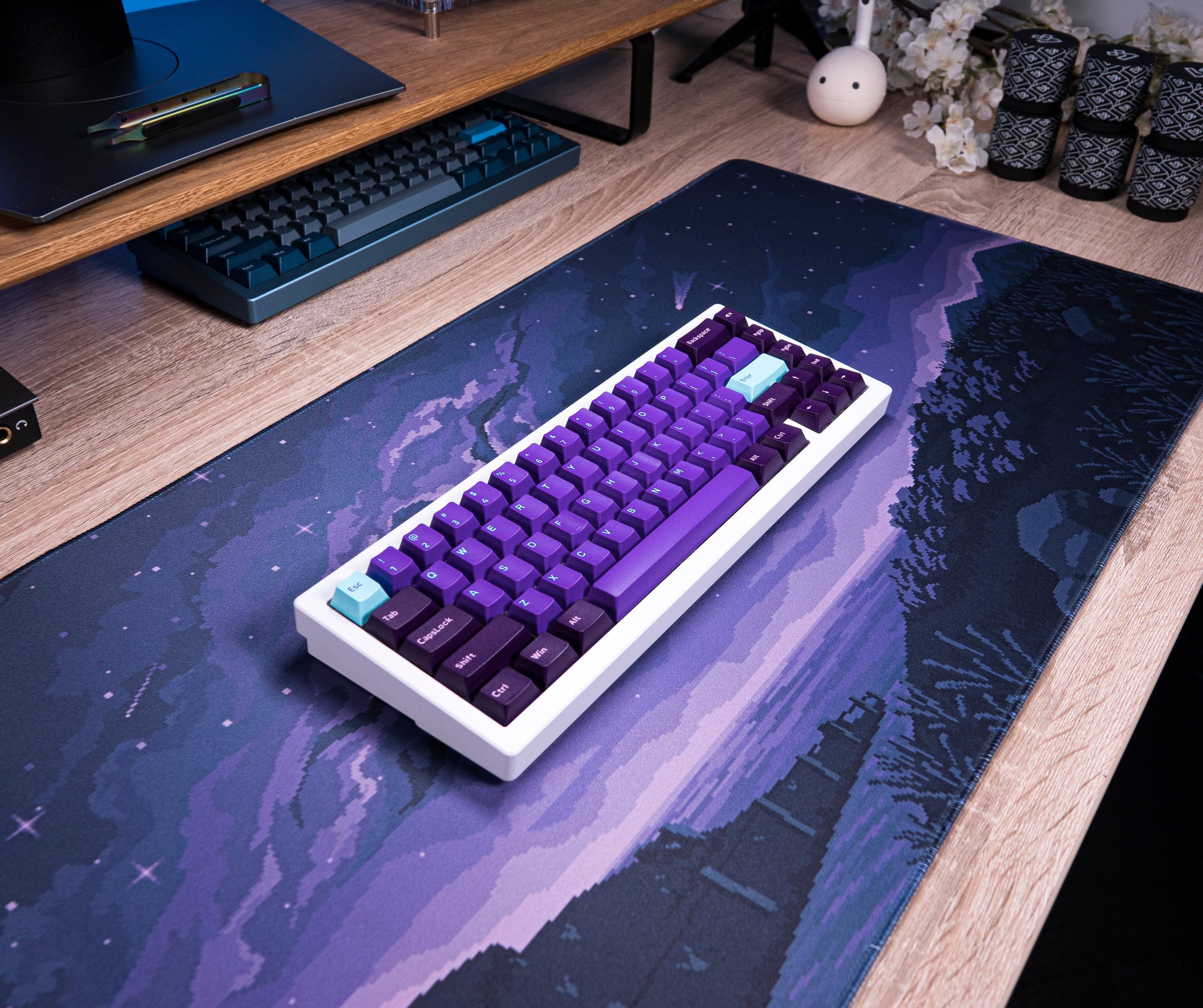 Galaxy PBT keycaps on white keyboard with purple keys and light-blue Esc and Enter keys