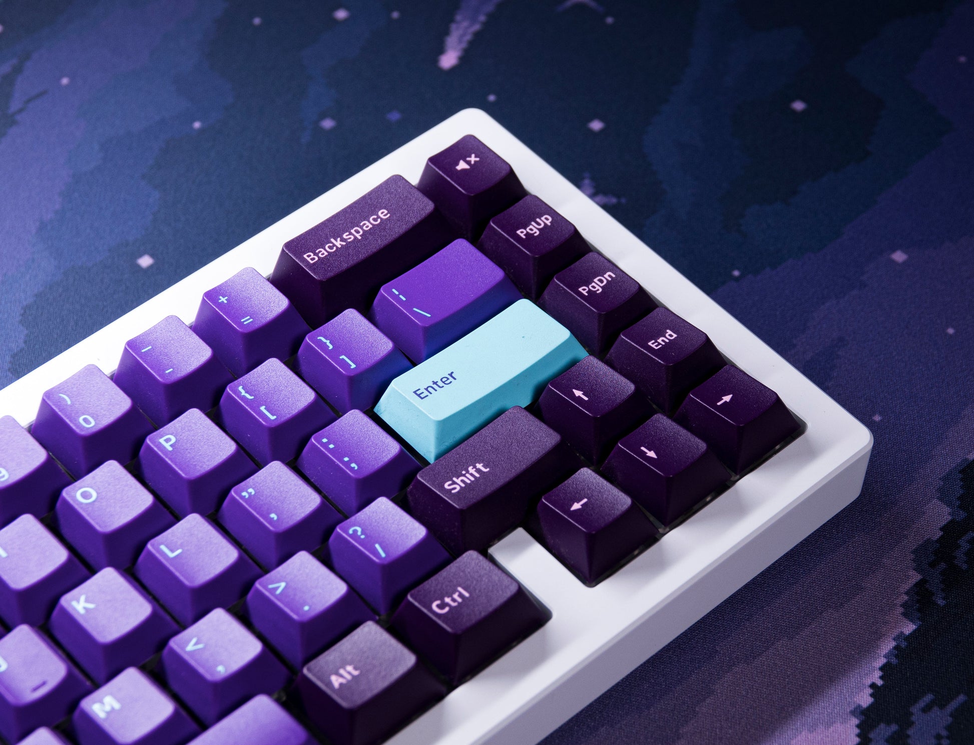 Galaxy PBT keycaps close-up with purple keys and light-blue Enter key on white base