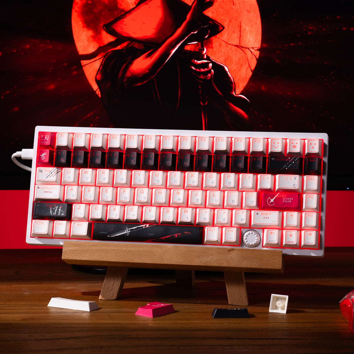 Cherry-profile keycap set with white keys and red-tinted accents on a keyboard plate