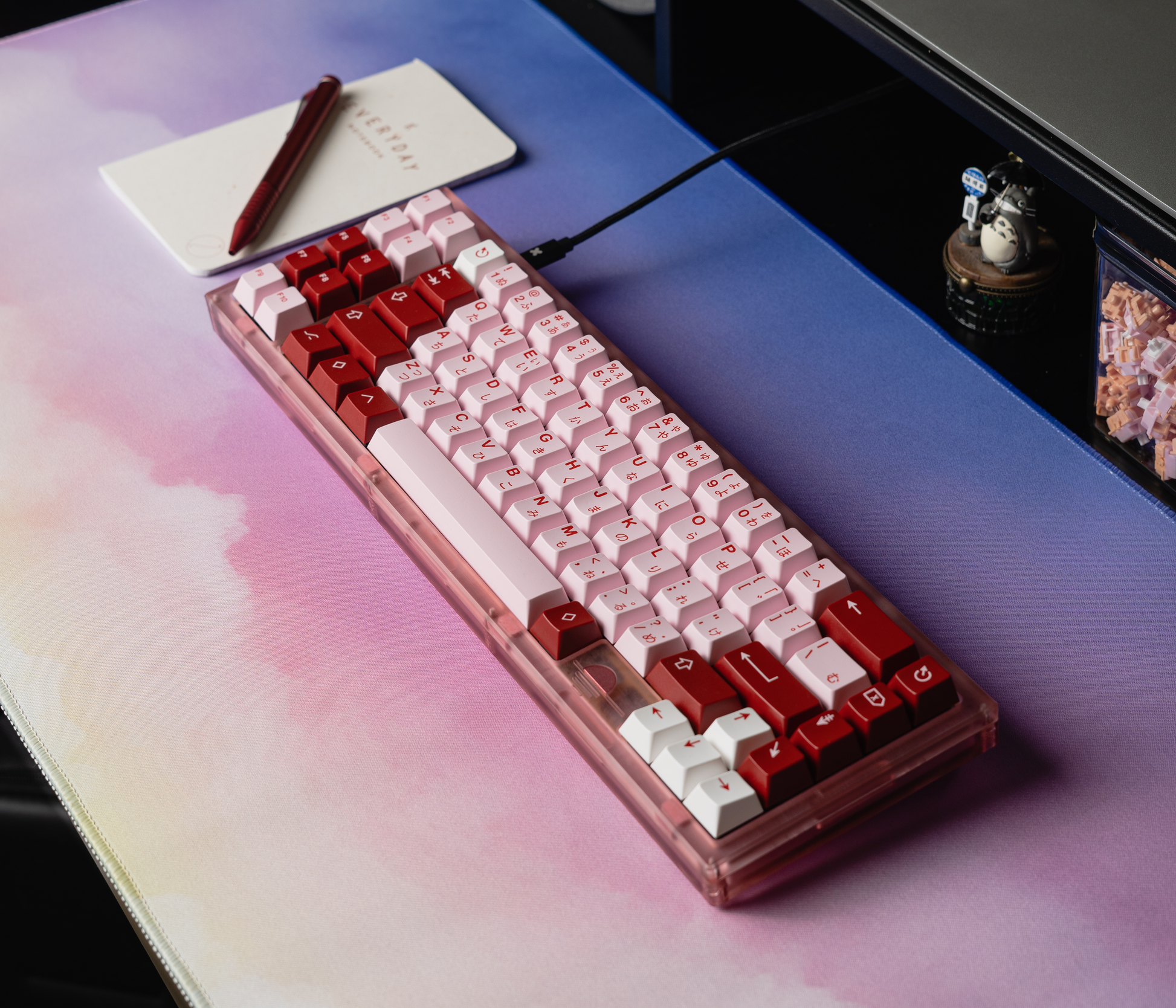 Desk mat with pastel cloud design supporting a keyboard and red keycaps