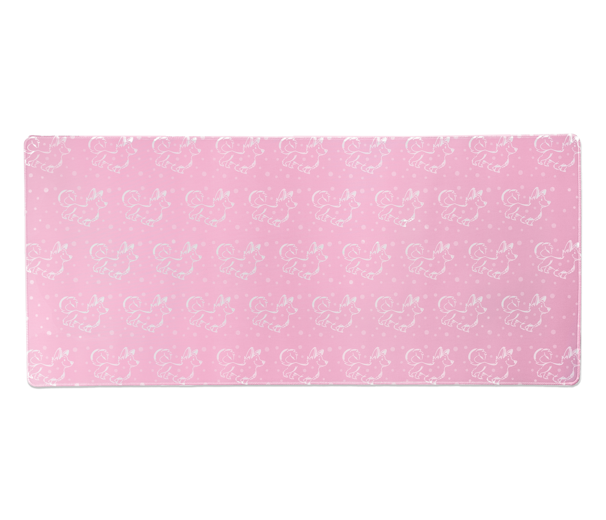 Pink desk mat with white corgi silhouettes on the full surface, rounded stitched edges