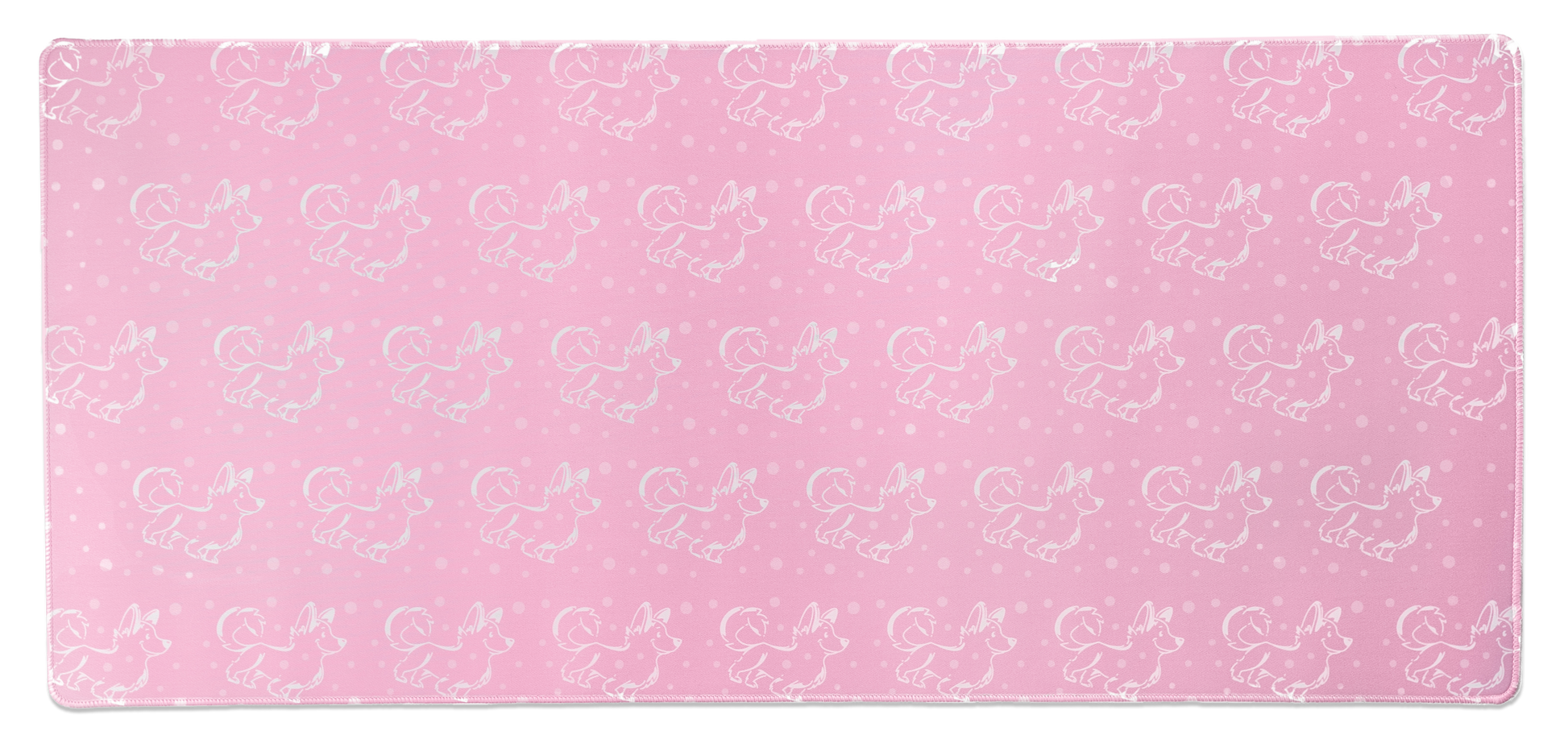 Pink desk mat with repeating white corgi pattern, full view with stitched border
