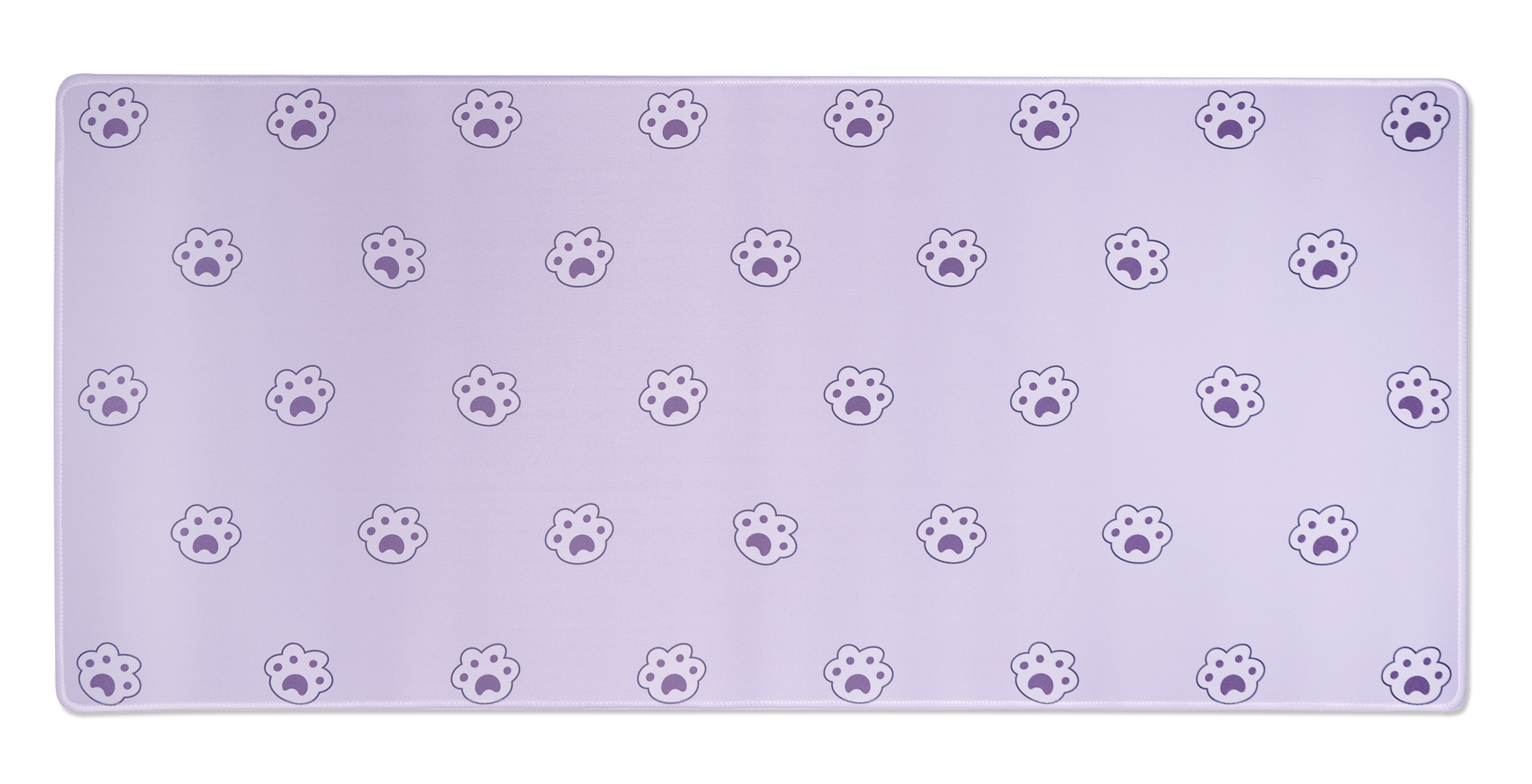 Lavender desk mat with repeating paw-print icons and stitched edges