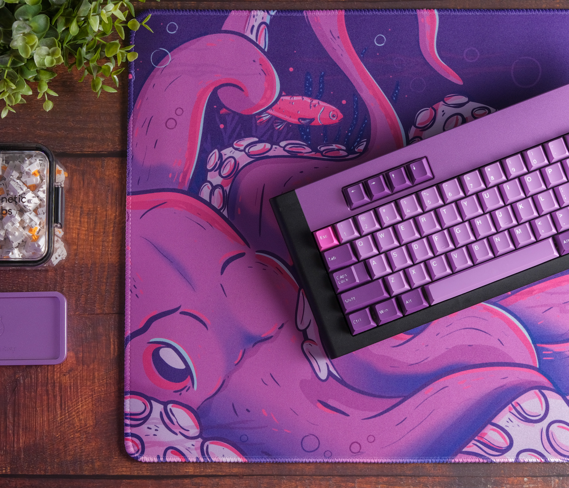 Octopus desk mat with purple and pink underwater cartoon design