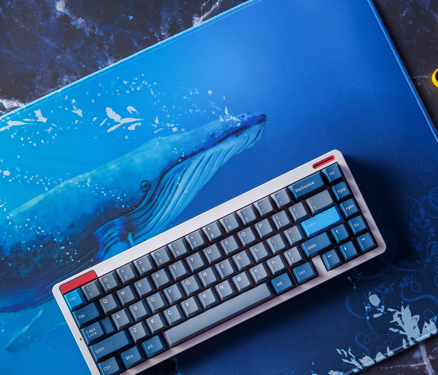 Desk mat with wide blue whale graphic and stitched edges