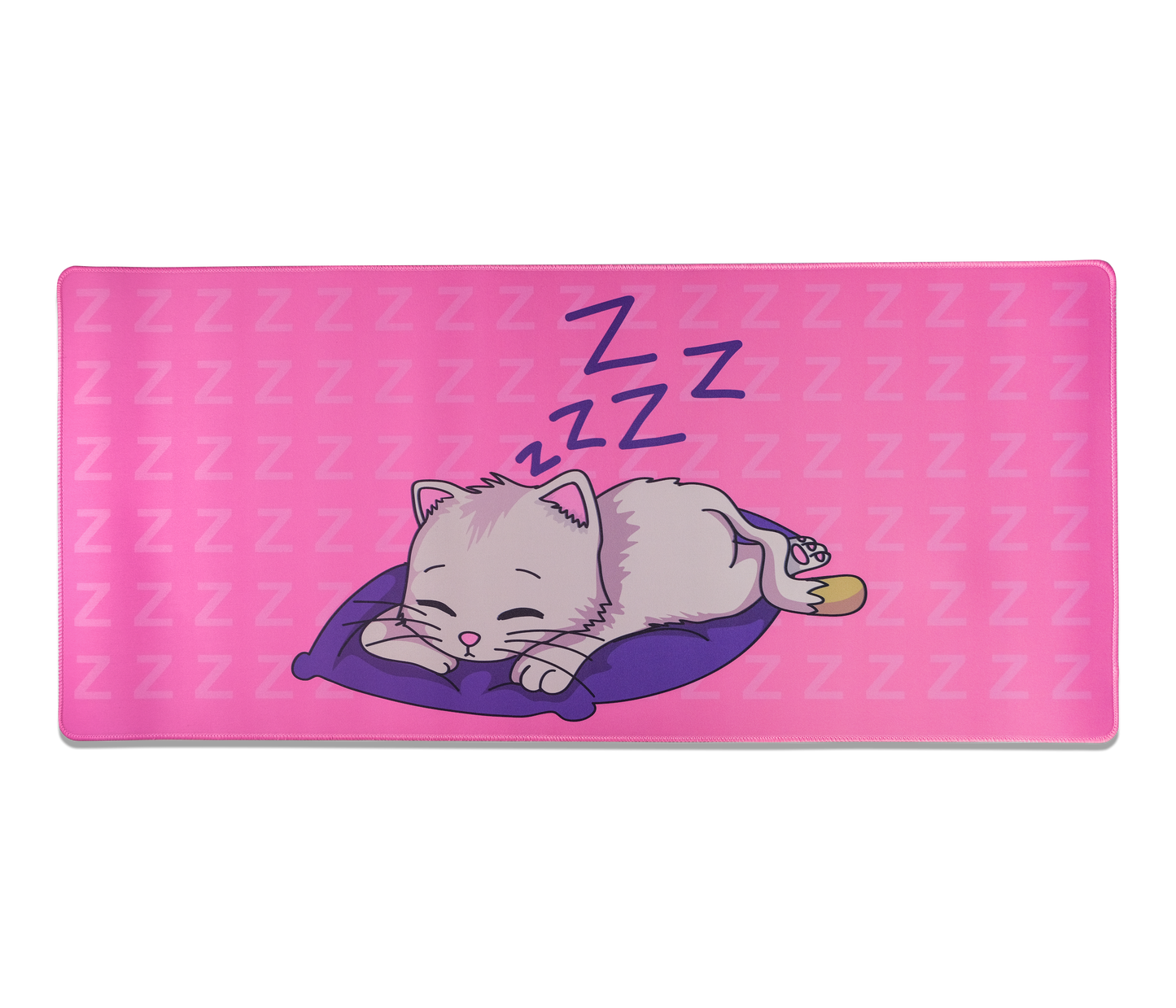 Rectangular pink desk mat with sleeping kitten centered on purple pillow, ZZZ pattern