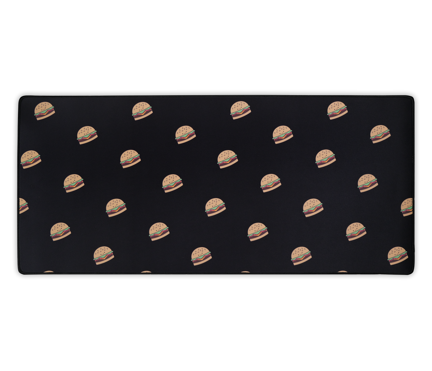 Burger-printed desk mat with black surface and scattered burger icons, centered view
