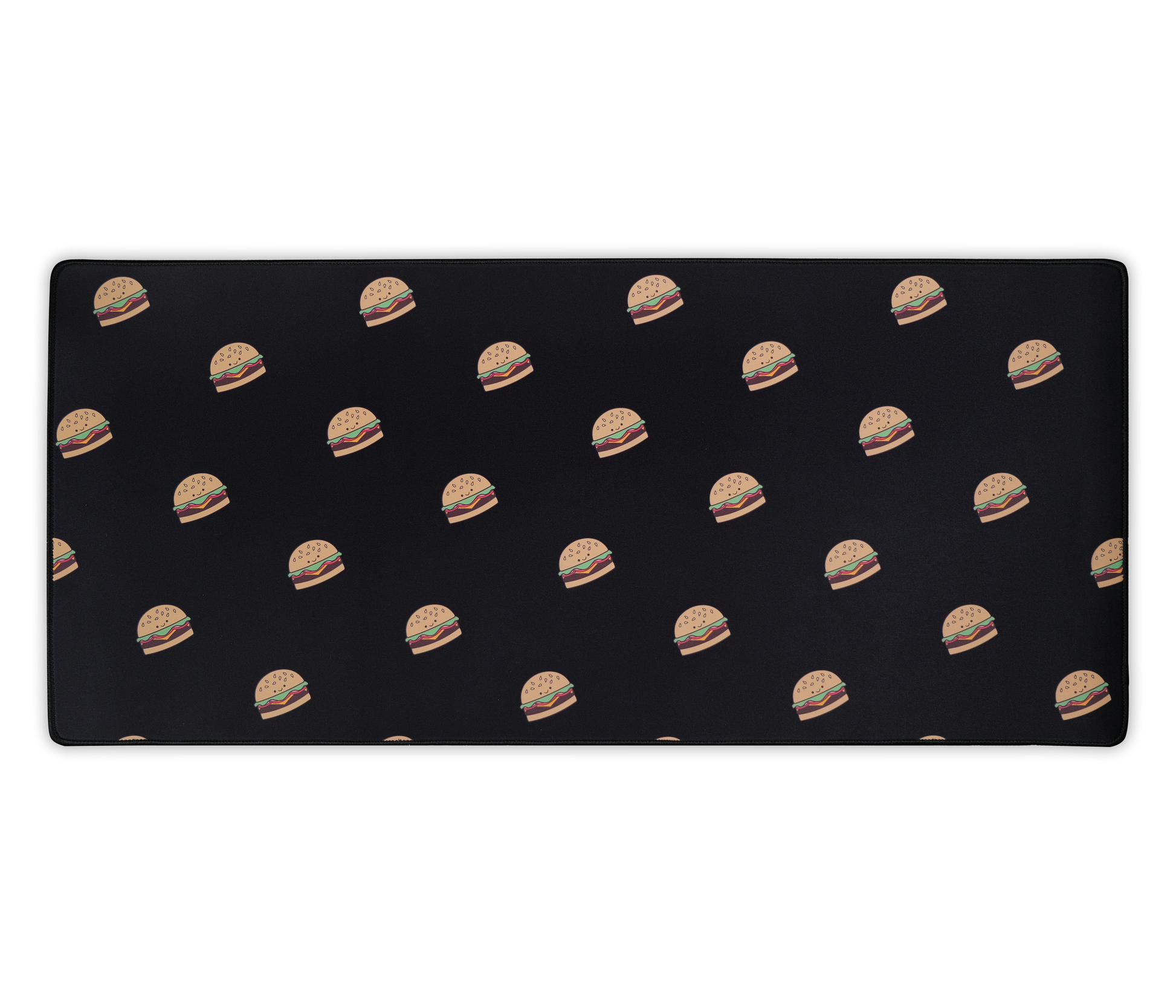 Burger-printed desk mat with black surface and scattered burger icons, centered view