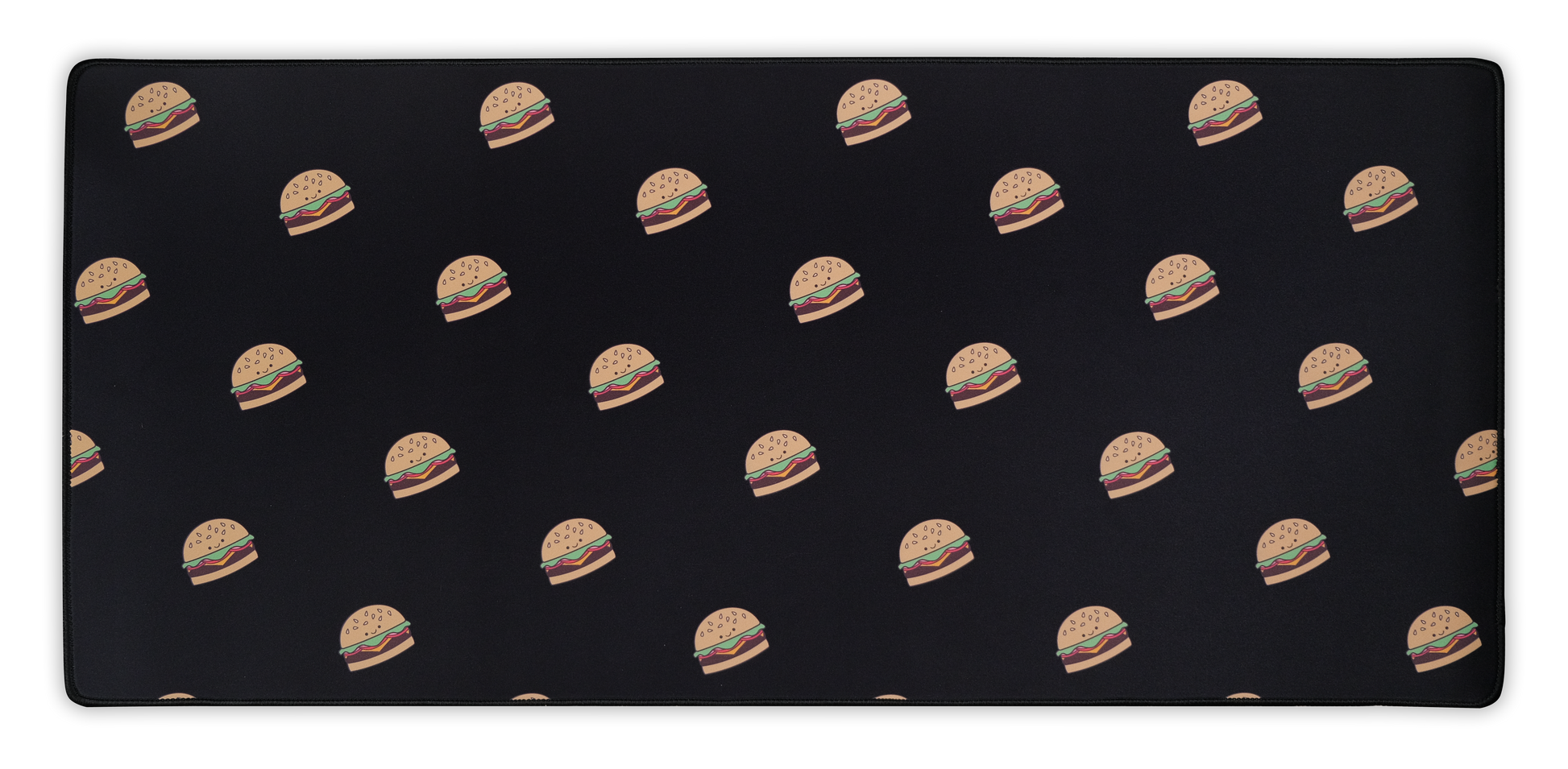 Burger-printed desk mat with black surface and repeated burger pattern, full view