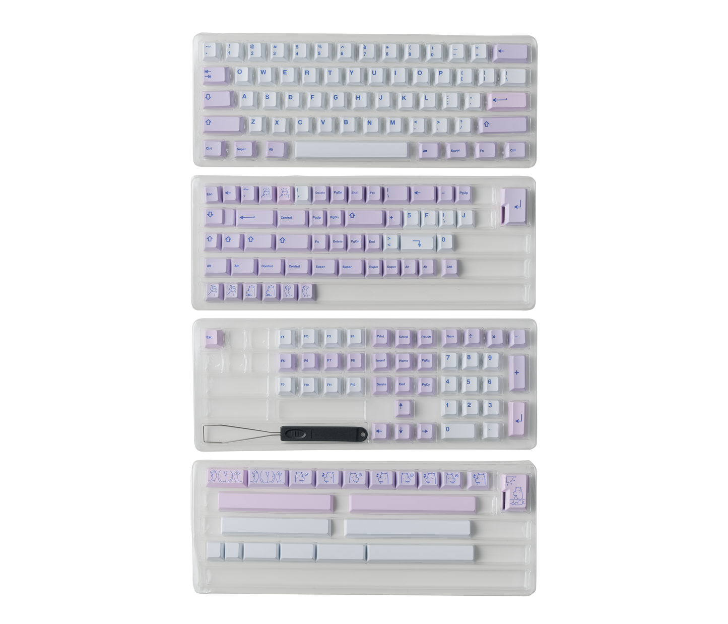 PBT keycap set, white keys with lilac accents and blue legends on transparent tray