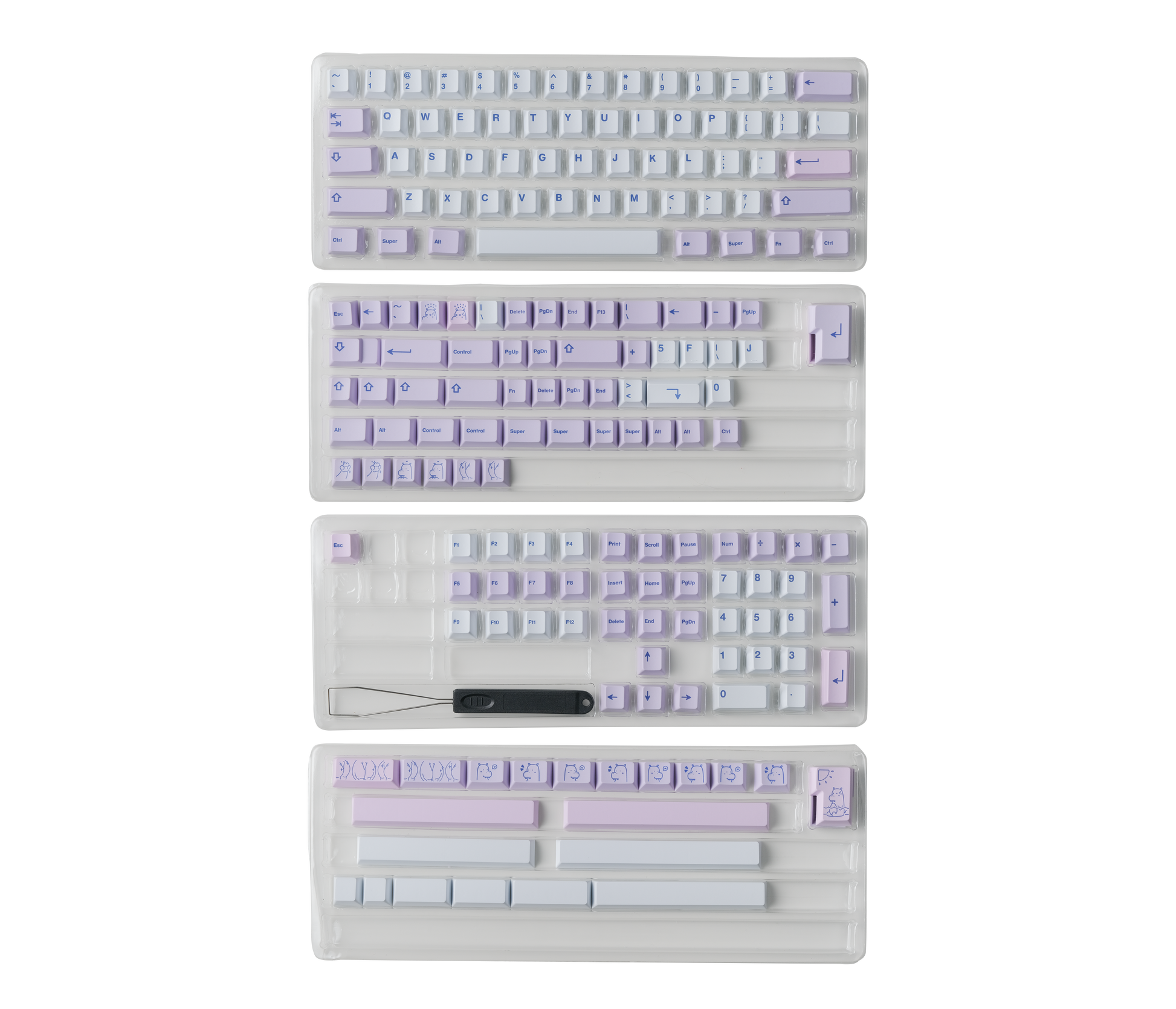 PBT keycap set, white keys with lilac accents and blue legends on transparent tray
