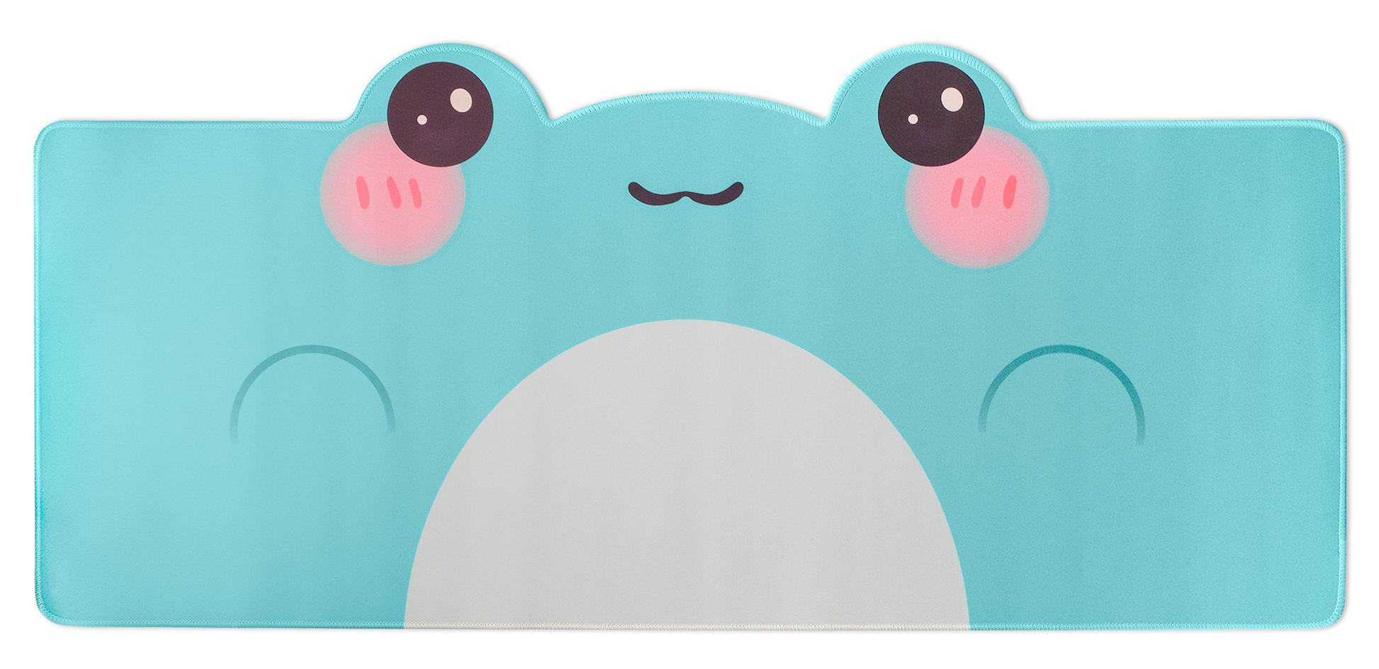 Turquoise frog-themed desk mat with white belly and pink cheek blush faces on top edge