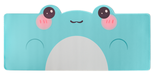 Turquoise frog-themed desk mat with white belly and pink cheek blush faces on top edge