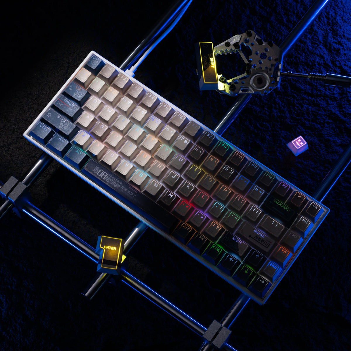 Cherry-profile PBT keycap set, multicolor keycaps with shine-through legends on dark board.