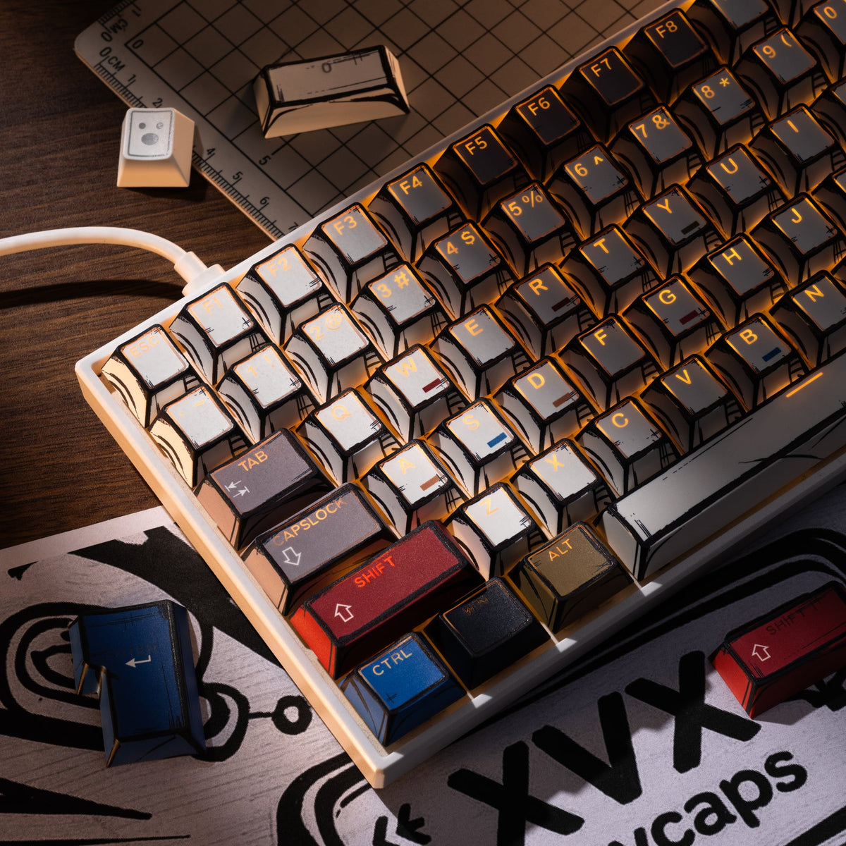 Cherry-profile PBT keycap set, white and dark keycaps with orange legends on a wooden board.