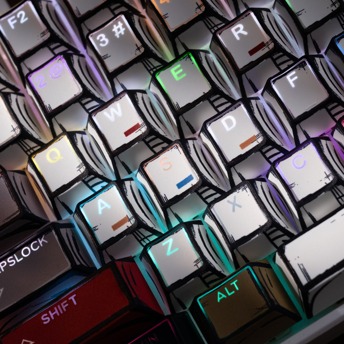 Cherry-profile keycap set with white base and multicolor legends, shine-through finish