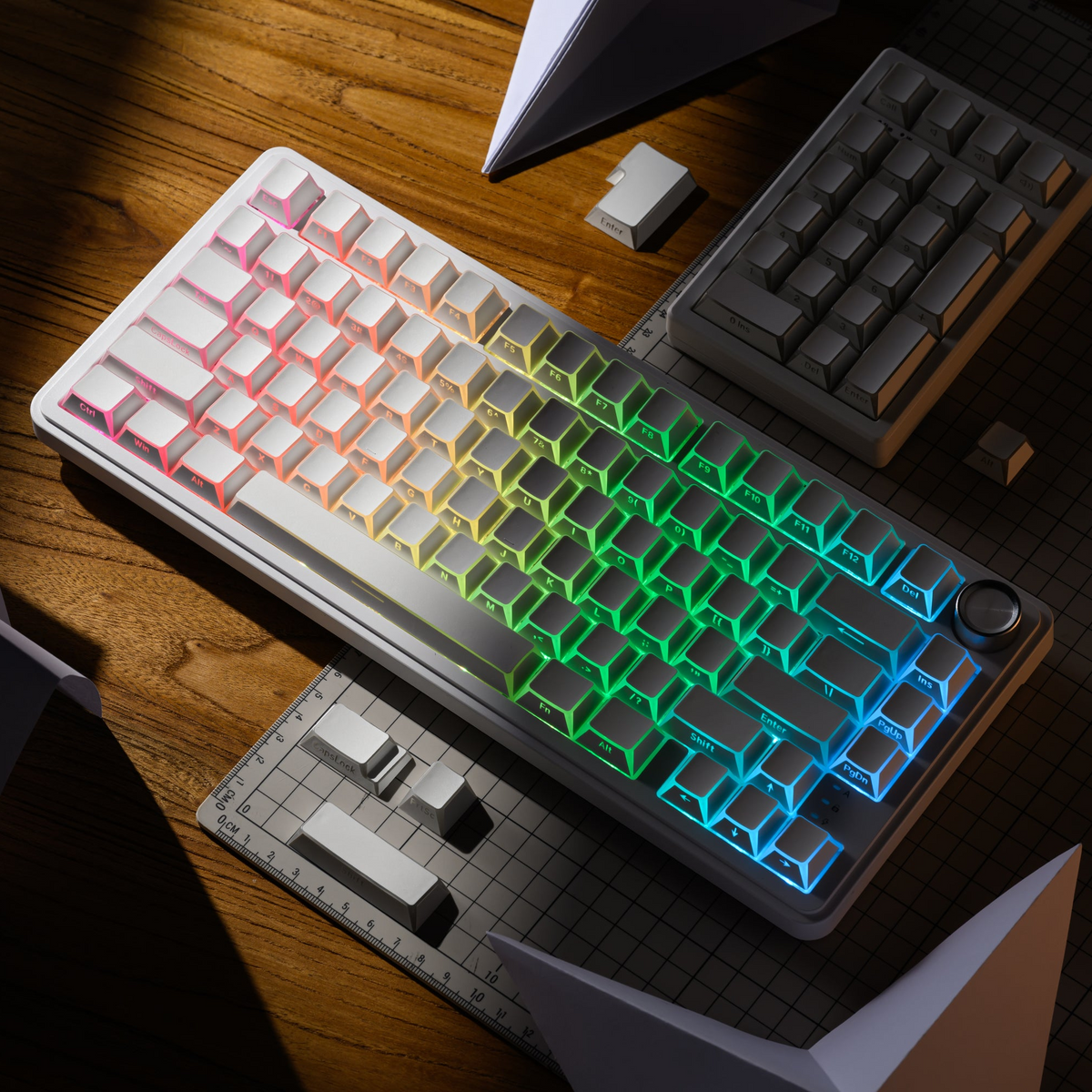 Rainbow shine-through keycap set with Cherry-profile legends on a keyboard