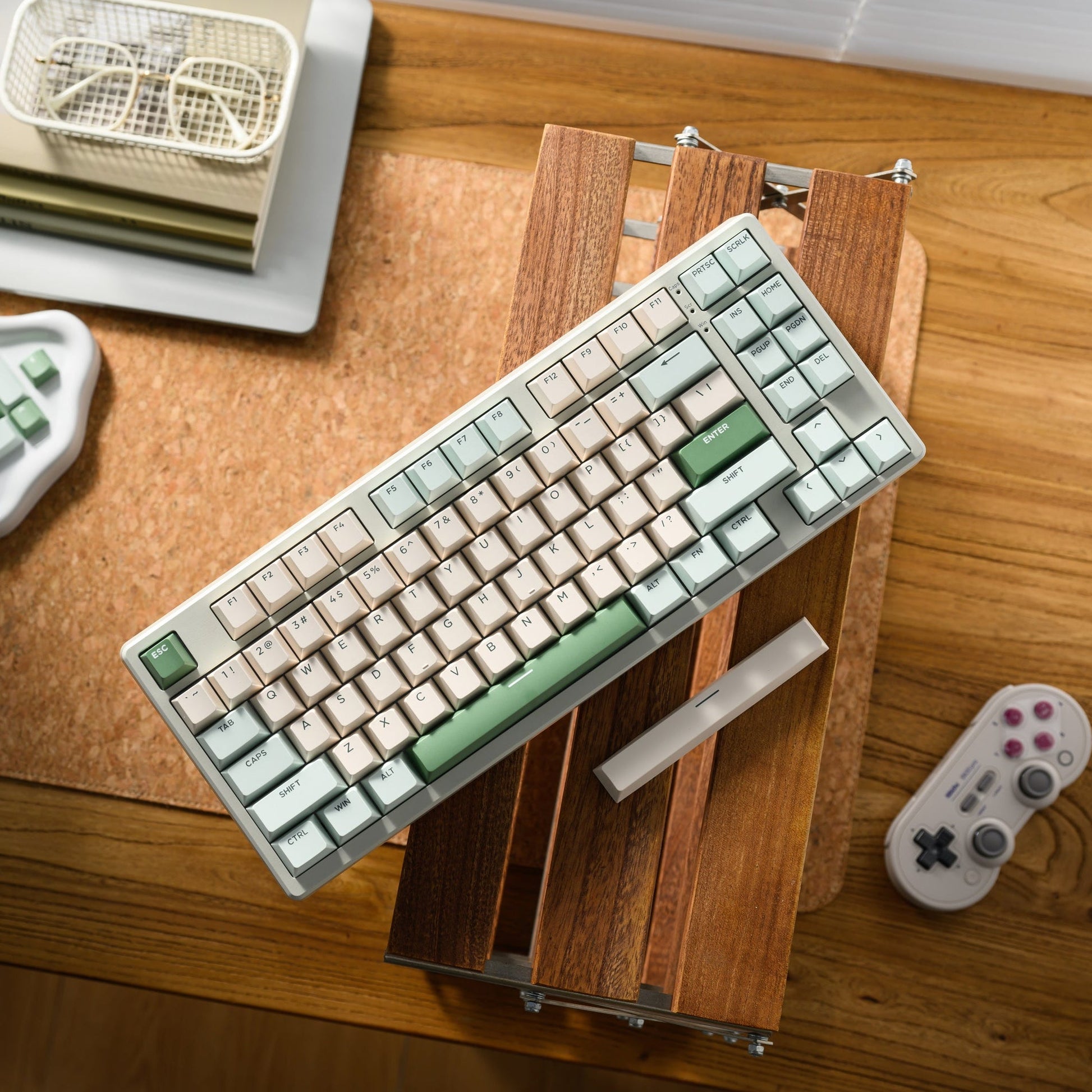 Mint and cream keyboard keycap set with green-tinted modifier keys
