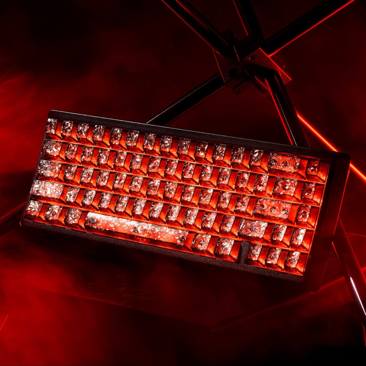 Mechanical keyboard with forged carbon-look keycaps, warm orange backlighting in angled view