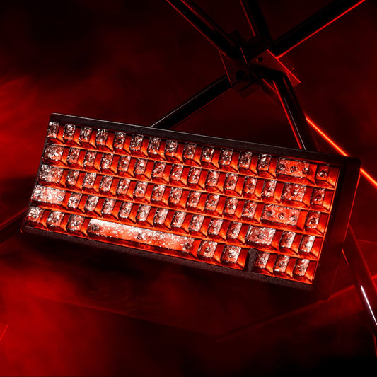 Mechanical keyboard with forged carbon-look keycaps, warm orange backlighting in angled view