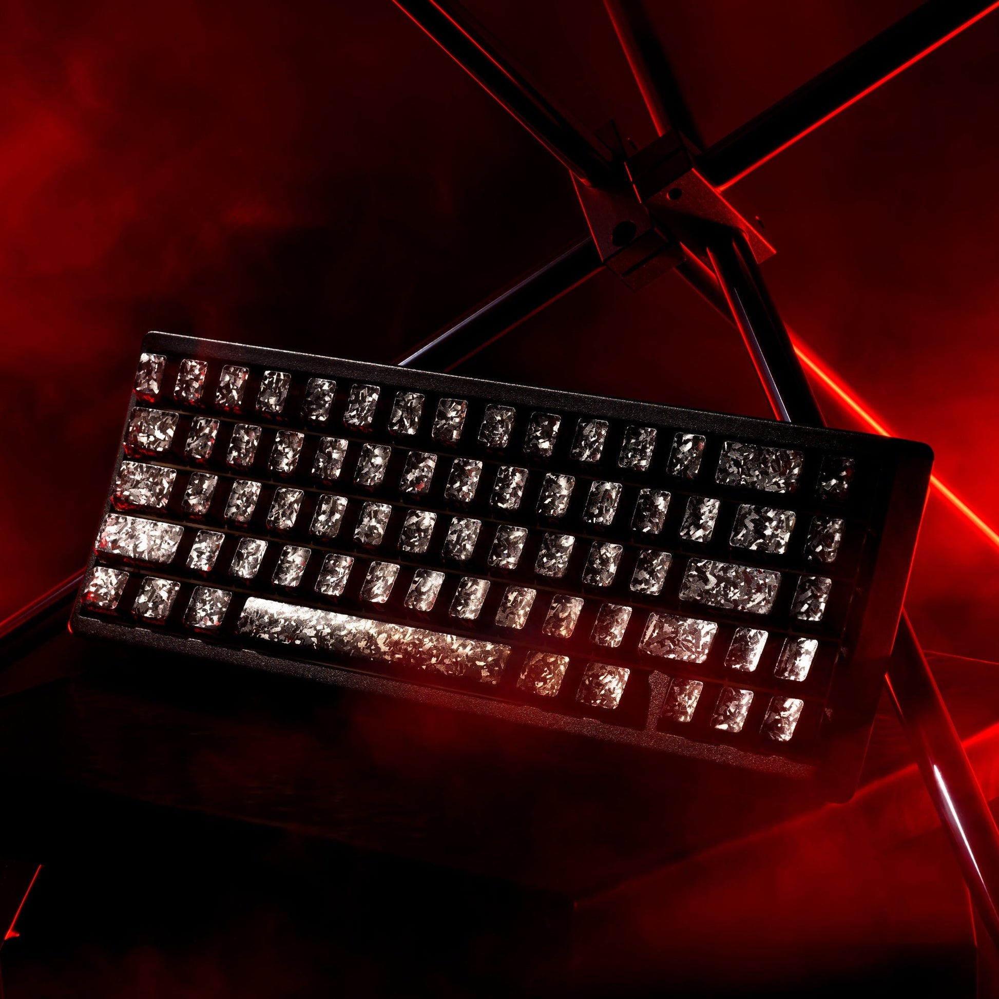 Mechanical keyboard with carbon-look keycaps, red backlighting and angled top perspective