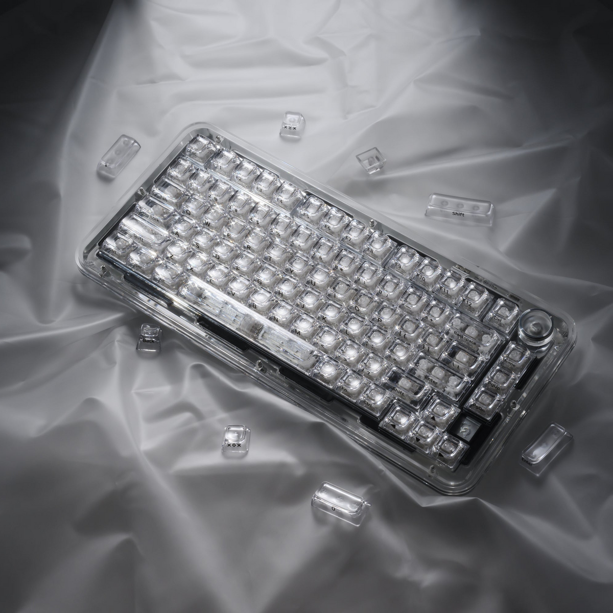 Transparent keycap set tray with clear SA-profile keycaps and visible legends