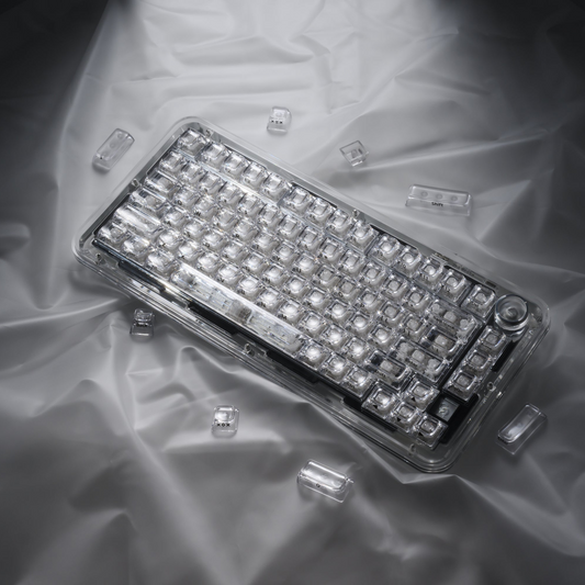 Transparent keycap set tray with clear SA-profile keycaps and visible legends