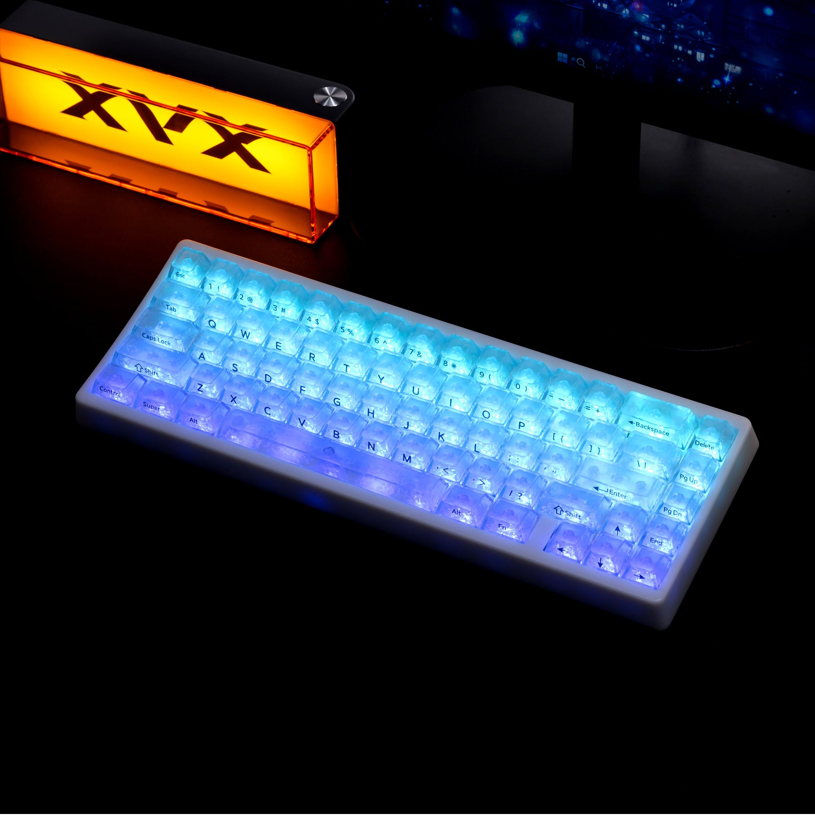 Mechanical keyboard with blue RGB backlit keycaps and low-profile case