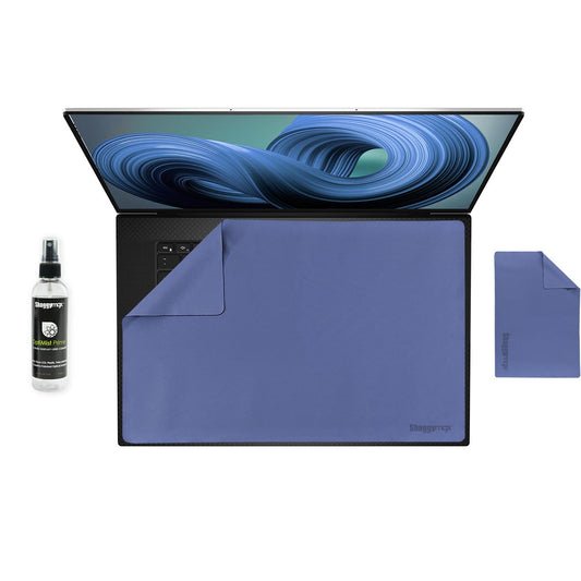 Microfiber keyboard cover set: blue protector with cleaning spray bottle.