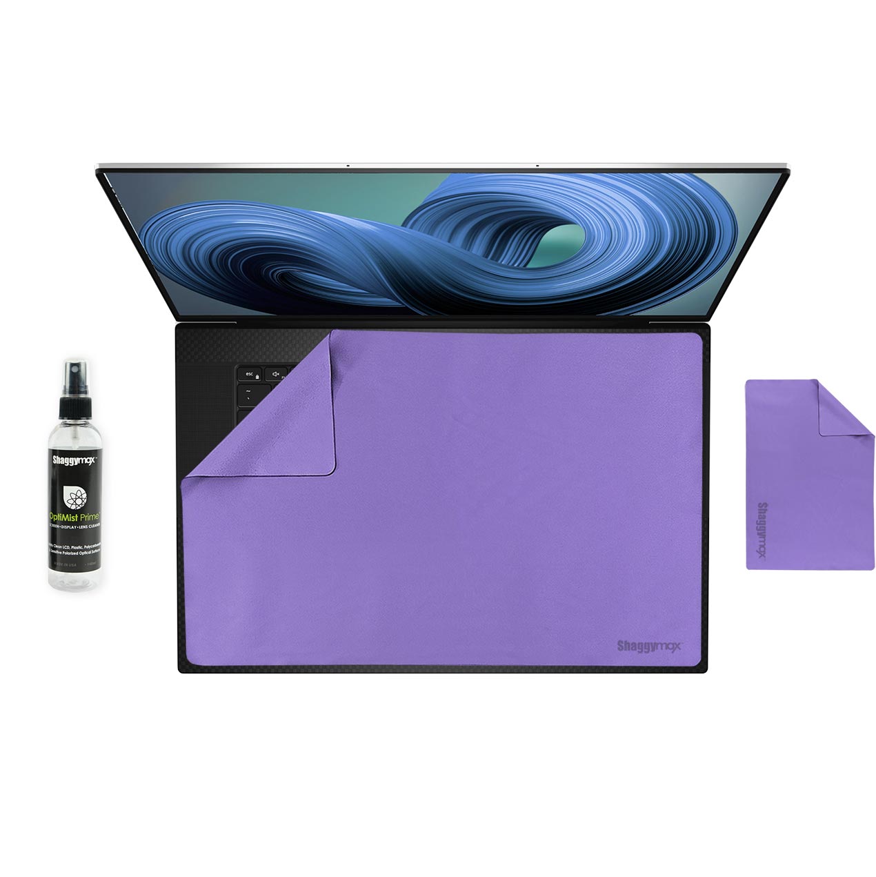Microfiber keyboard cover set: purple protector with cleaning spray bottle.