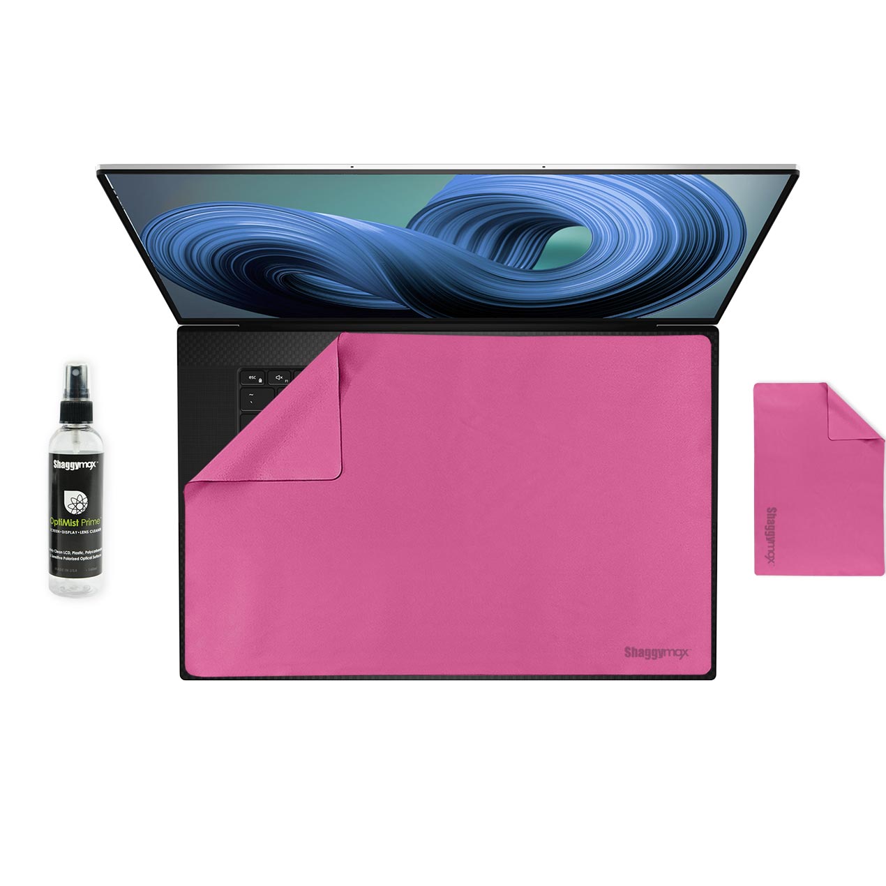Microfiber keyboard cover set: pink protector with cleaning spray bottle.